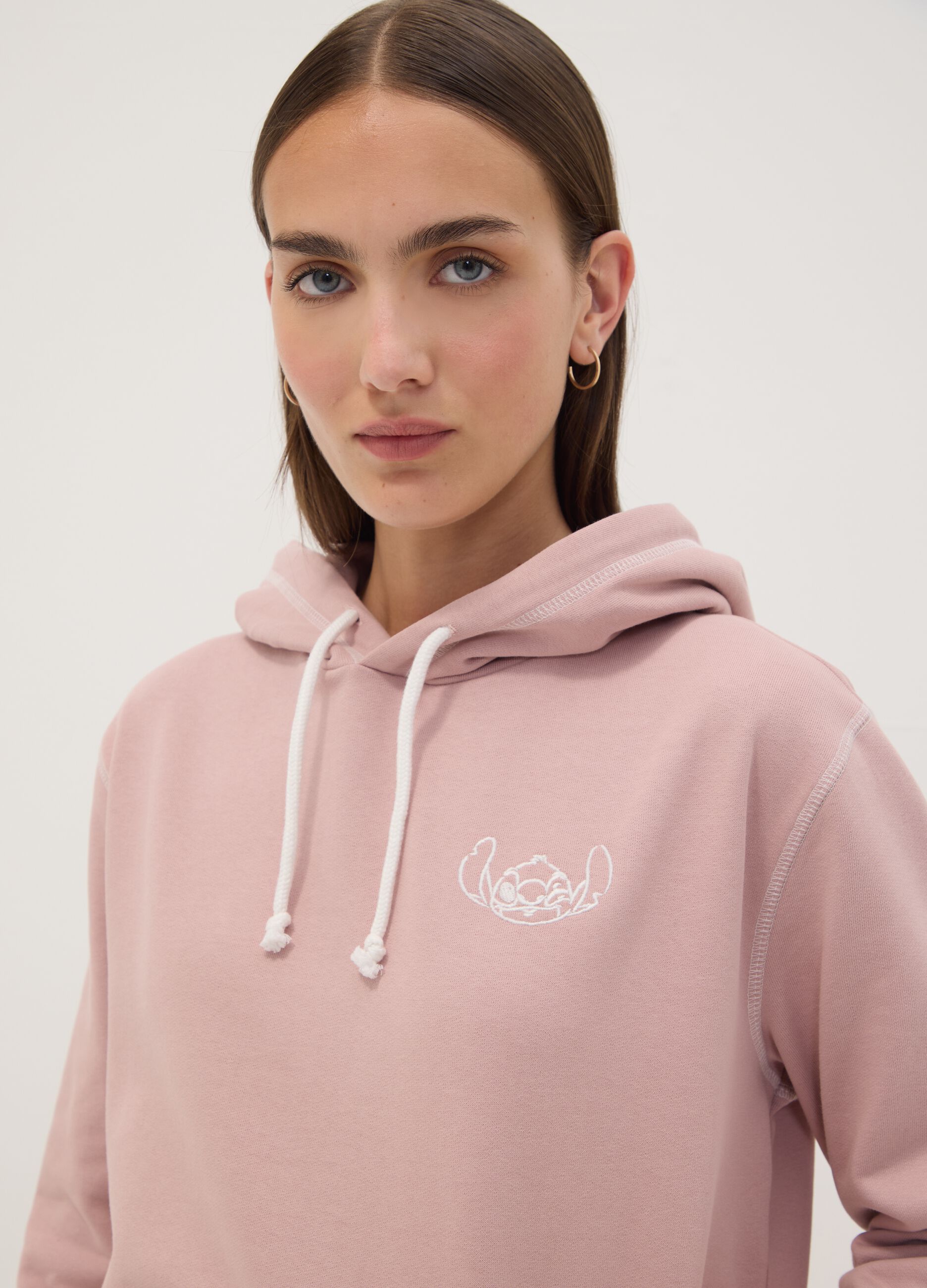 Pink hooded sweatshirt in pure cotton with Lilo & Stitch print