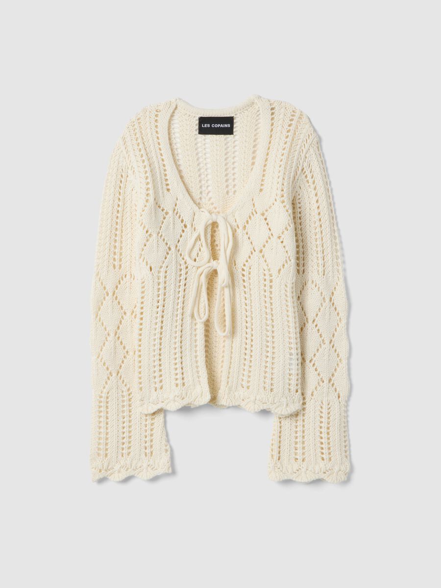 Cardigan traforato in puro cotone bianco regular fit deep V _4