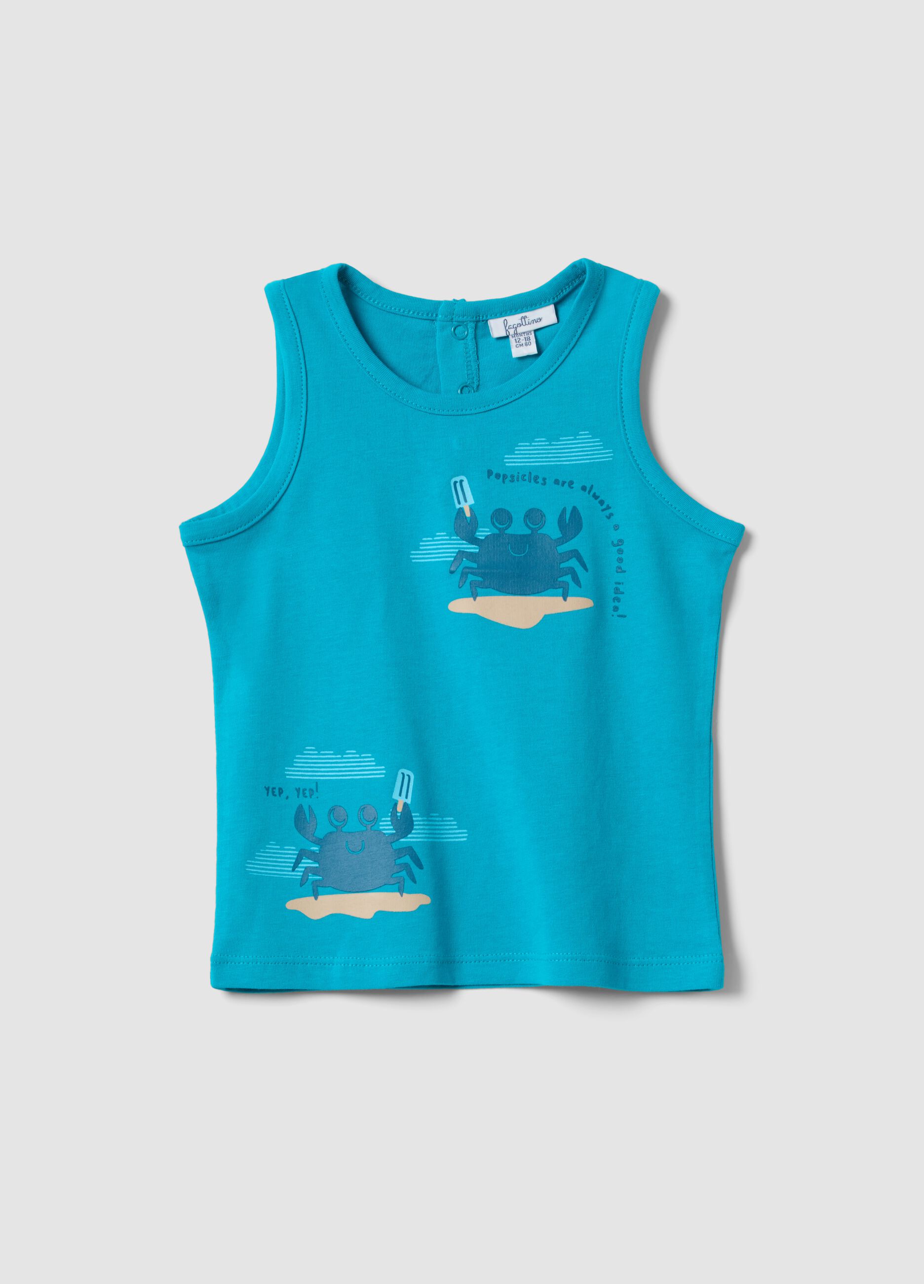 Boys&rsquo; sky-blue pure cotton vest, regular fit, with crab prints