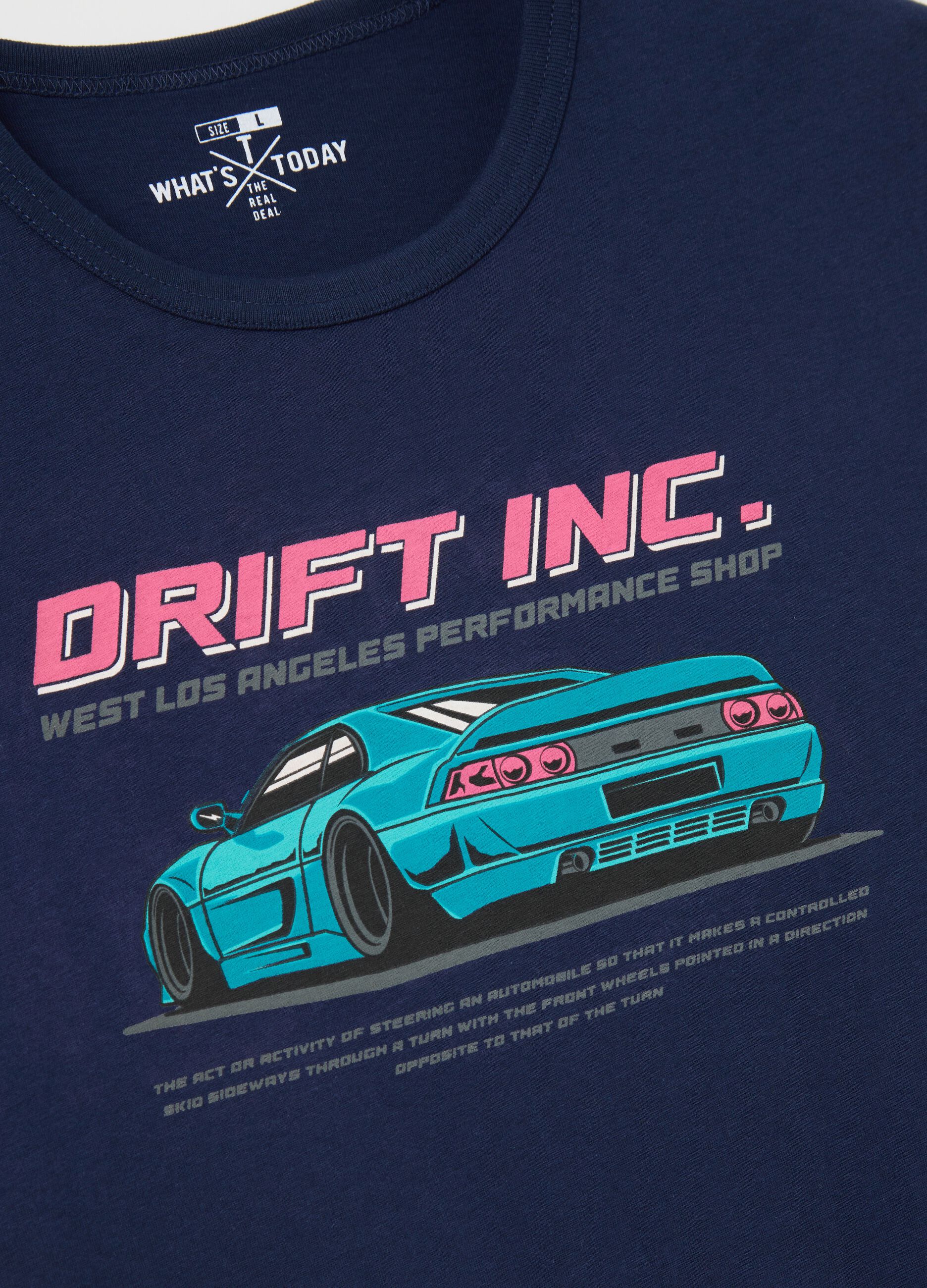 Cotton T-shirt with "Drift Inc" racing car print