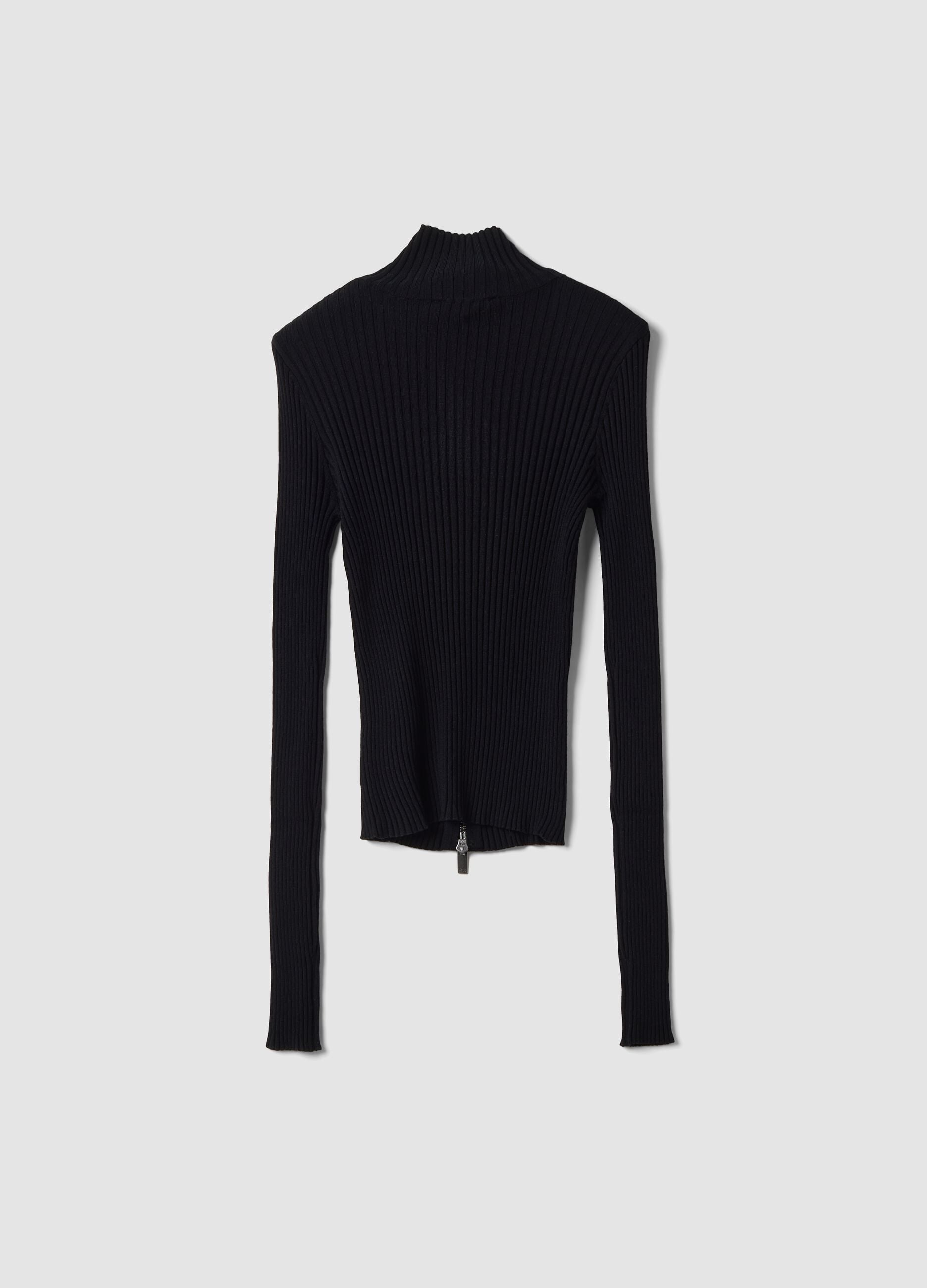 Black Ribbed Knit Full-Zip