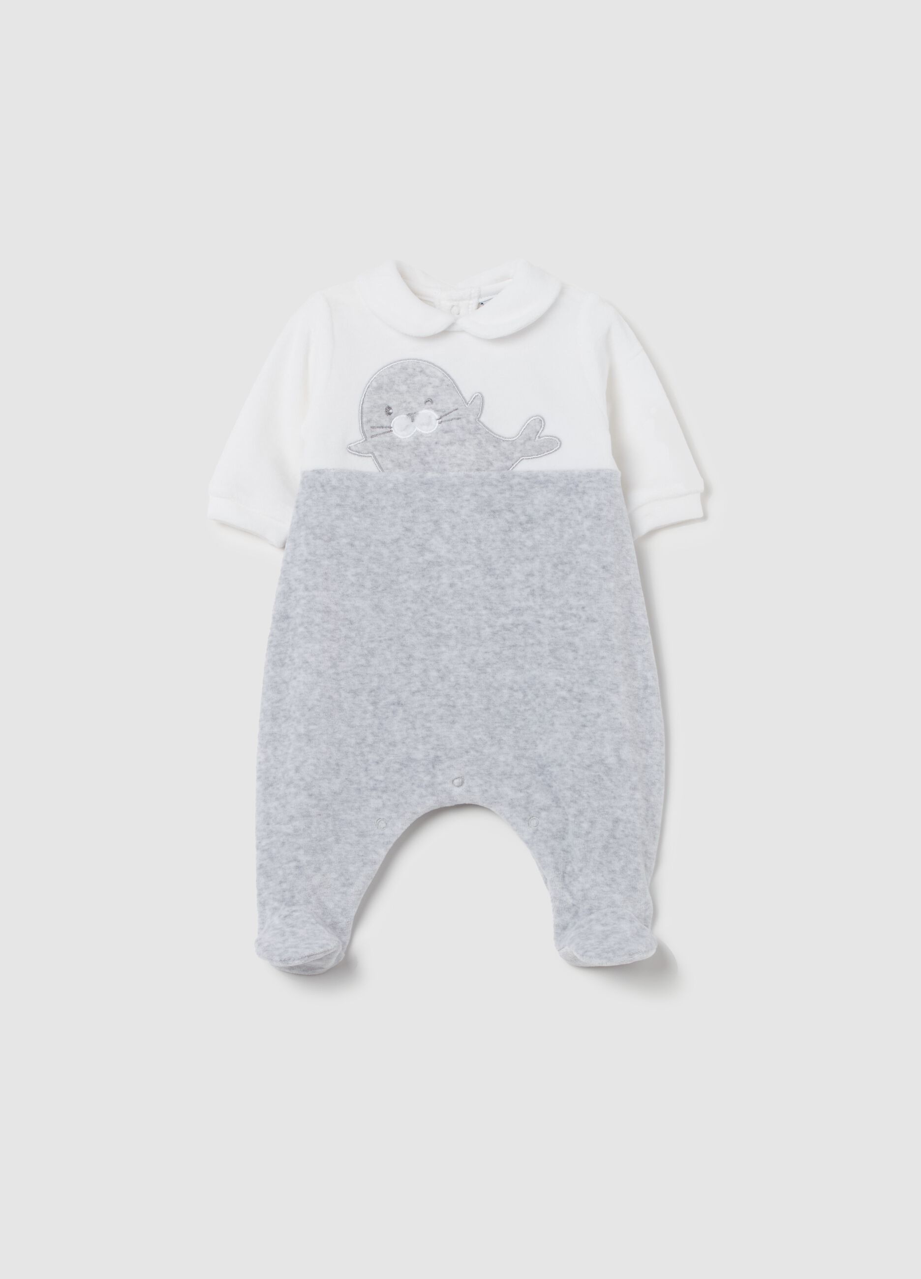 Velour onesie with feet and seal embroidery