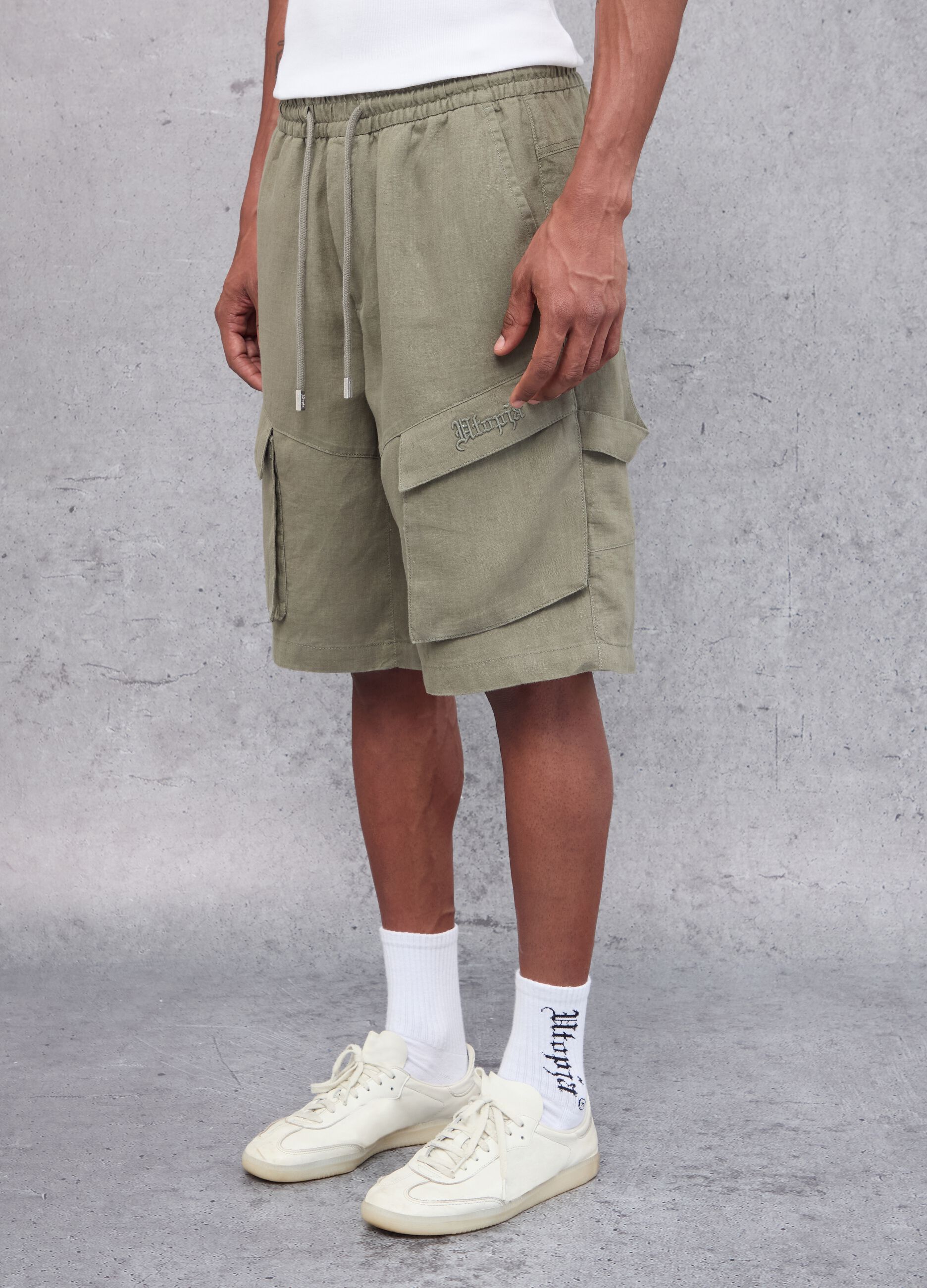 100% Linen Cargo Shorts Military Green