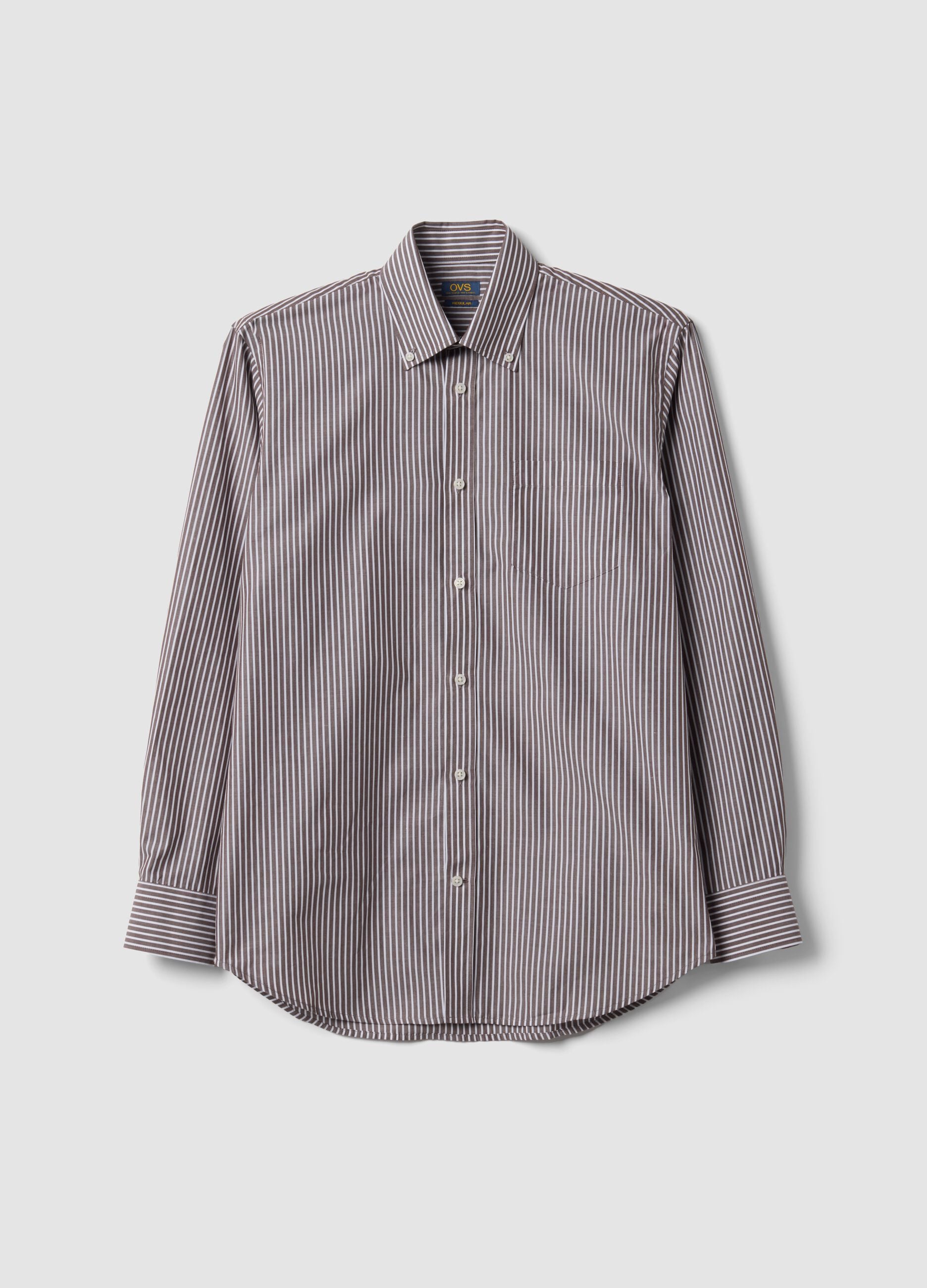 Brown striped cotton-blend button-down collar easy-iron regular-fit shirt