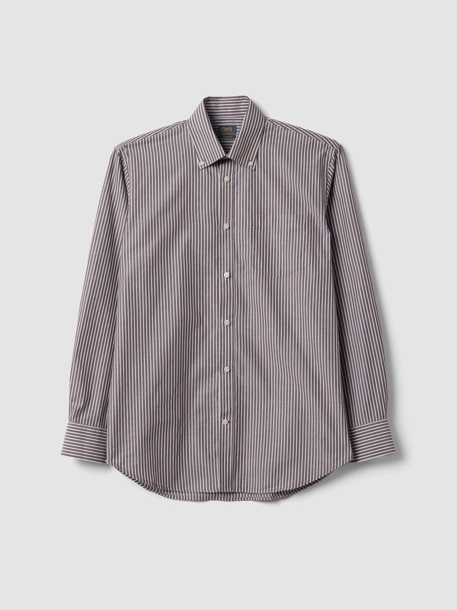 Camicia marrone in misto cotone a righe con collo botton down easy iron regular fit_4