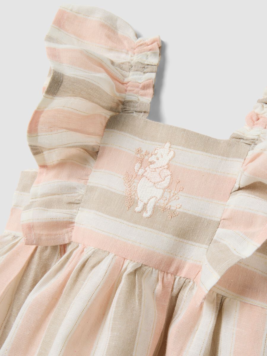 Abito rosa in misto cotone e lino a righe con volant_2