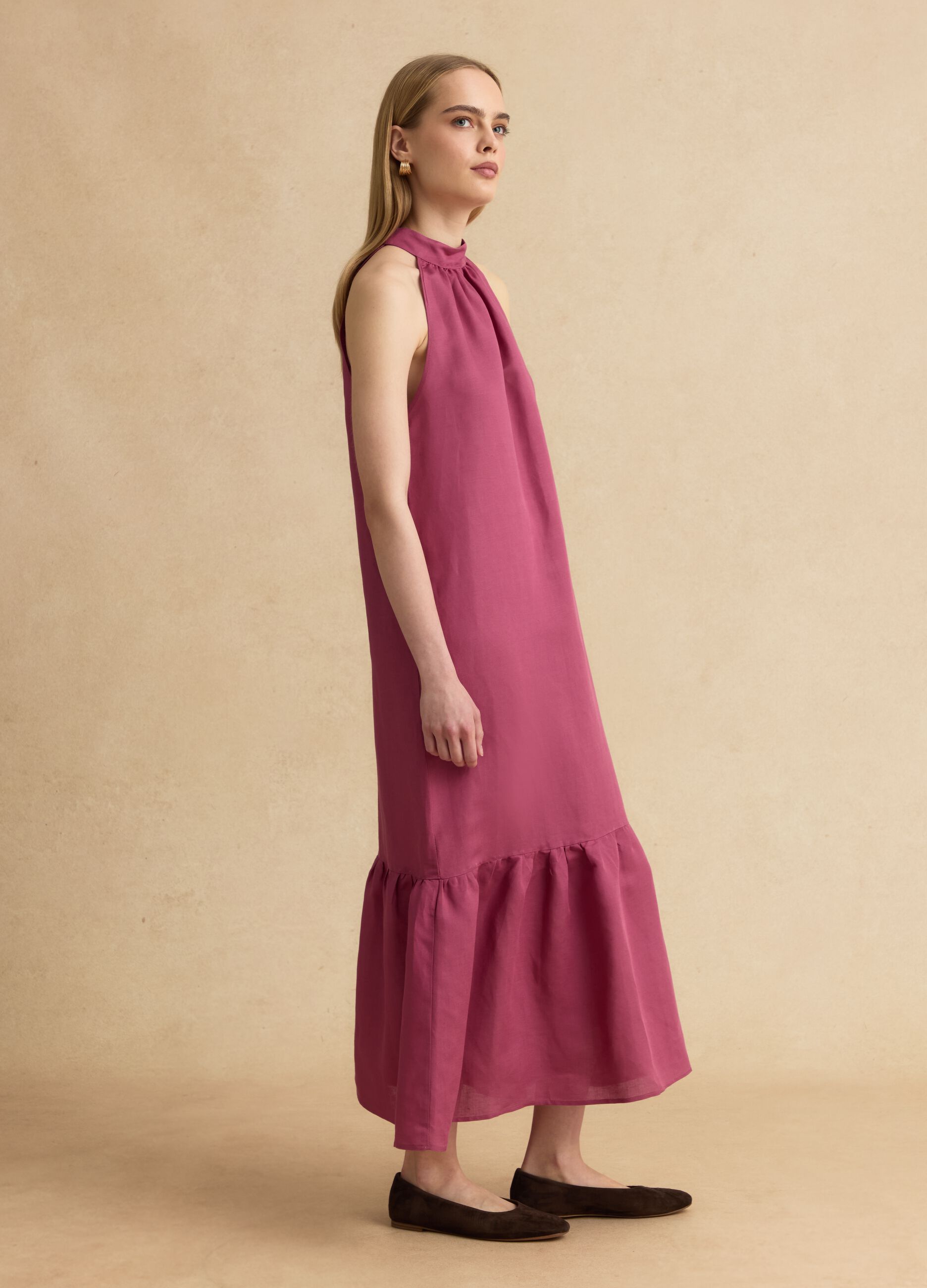 Pink linen-viscose blend halterneck dress, regular fit