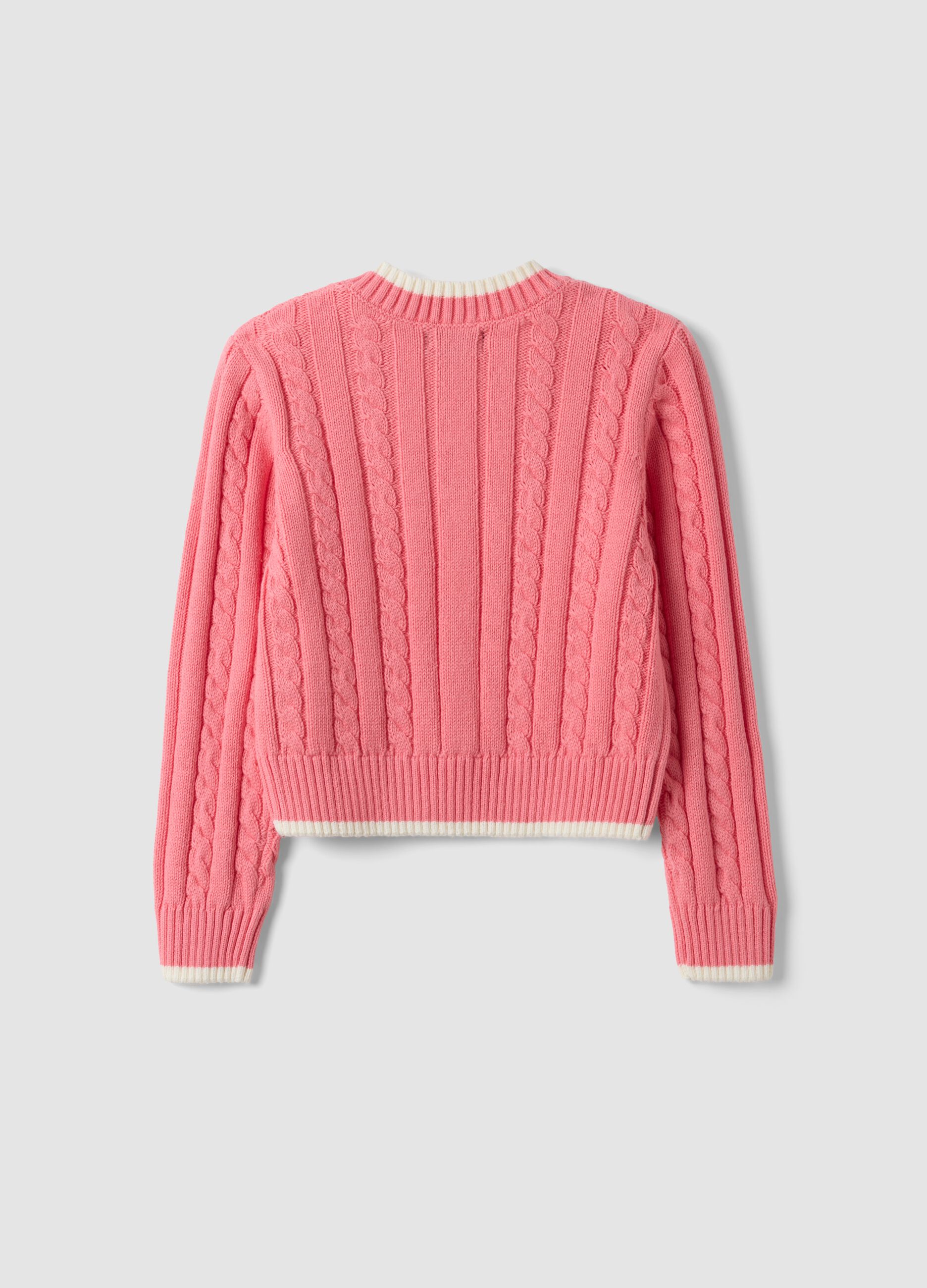 Maglia rosa in puro cotone a trecce con scollo a V per bambina