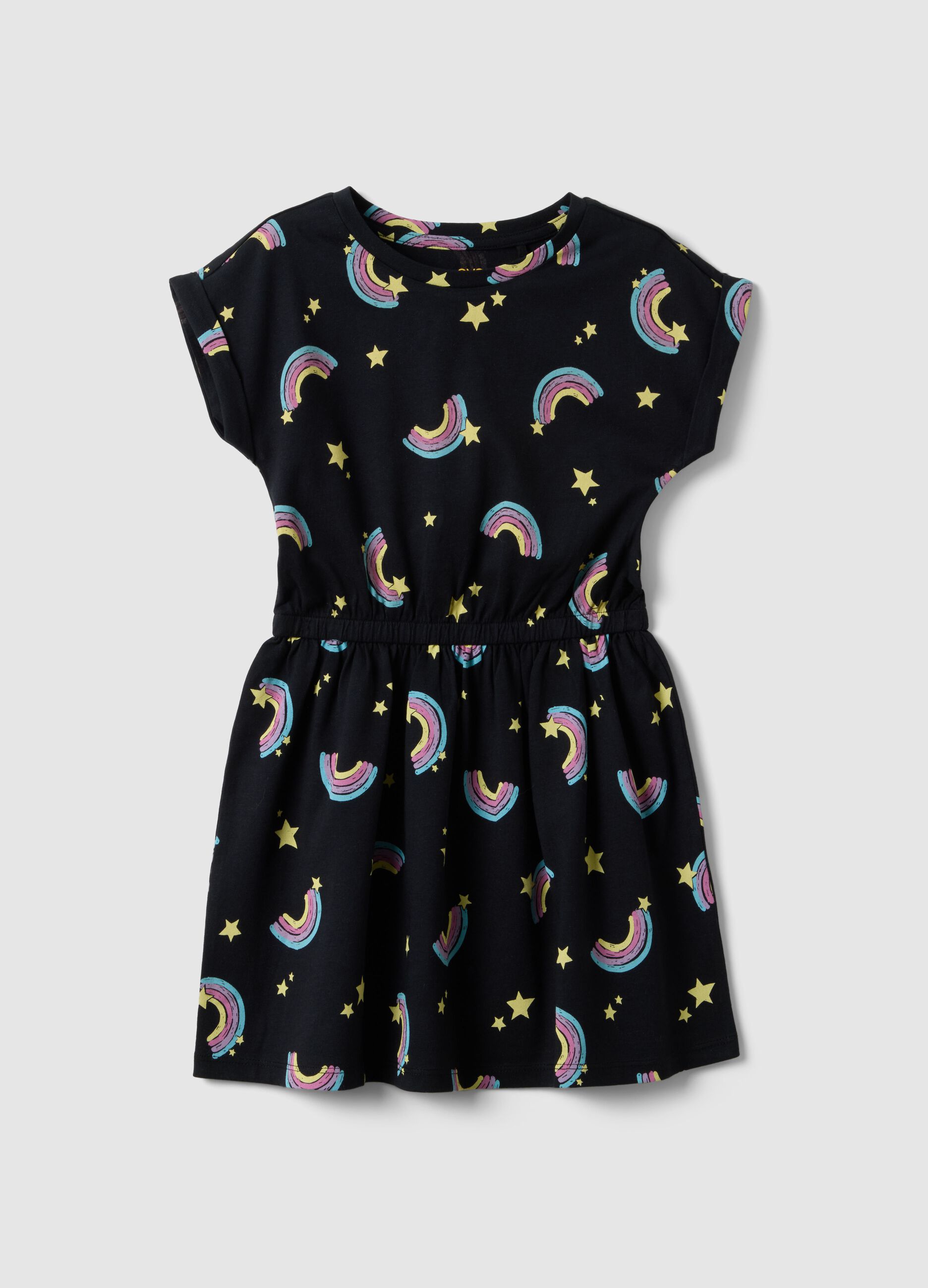 Girls' regular fit black pure cotton dress with rainbows