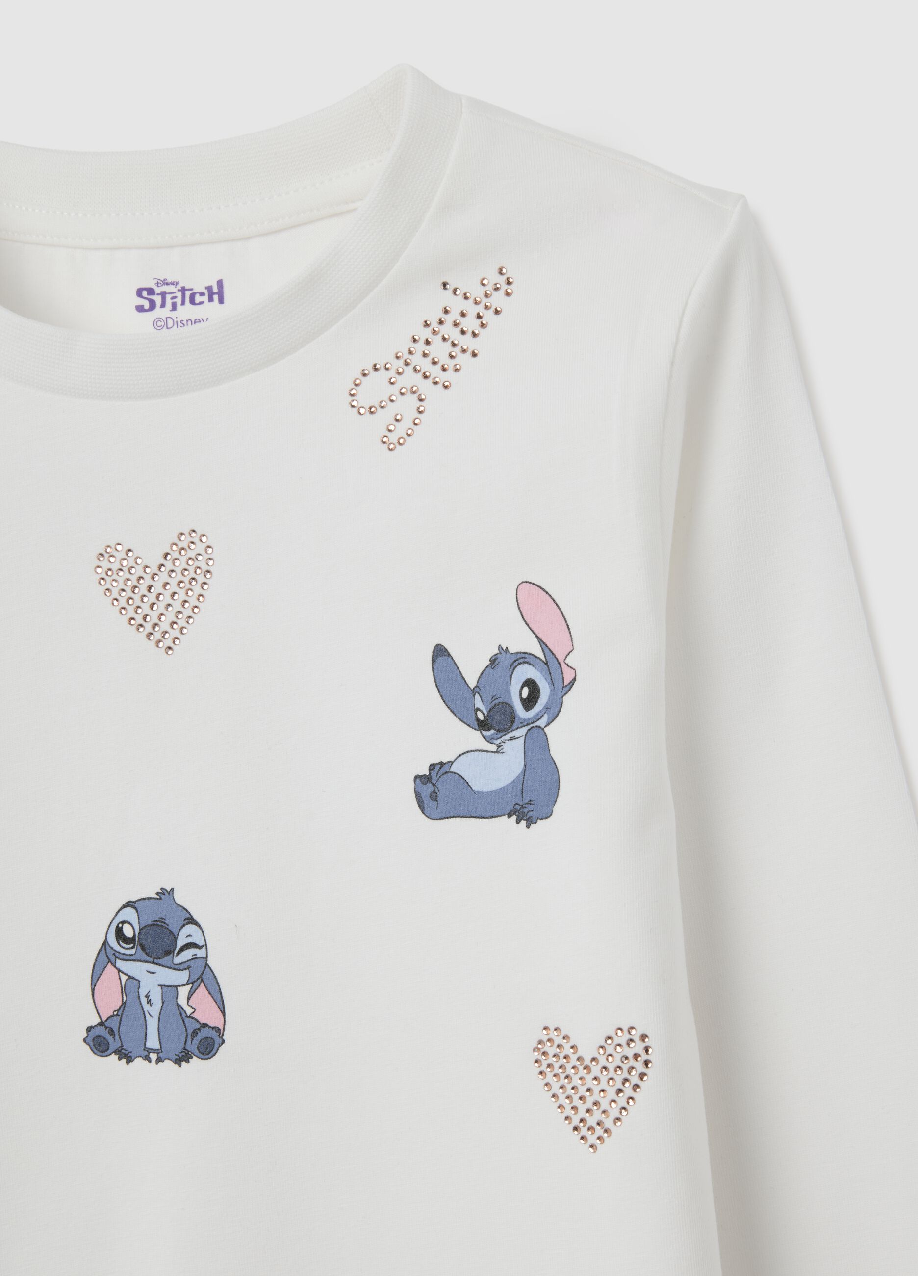 Maglia da bambina in cotone elasticizzato bianca regular fit con stampa Stitch