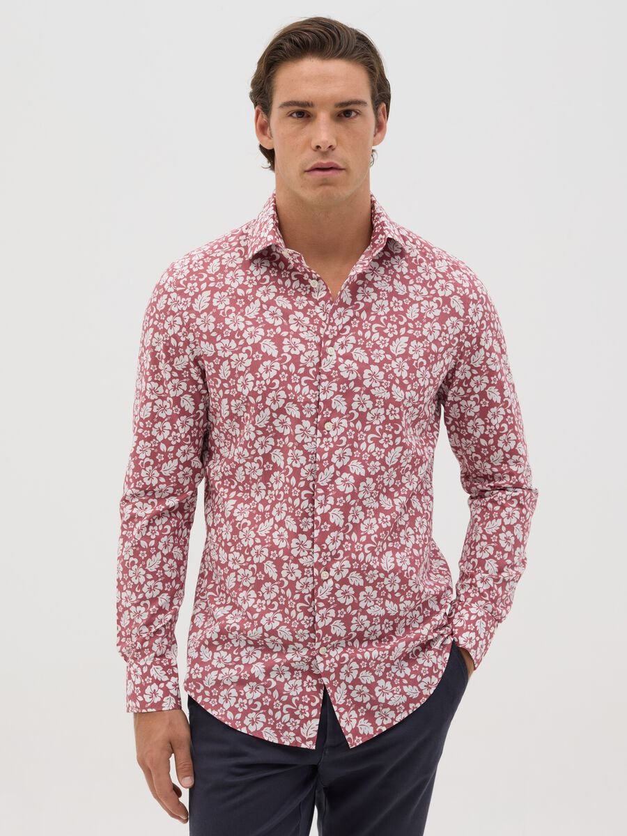 Slim-fit shirt with floral pattern in cotton_0