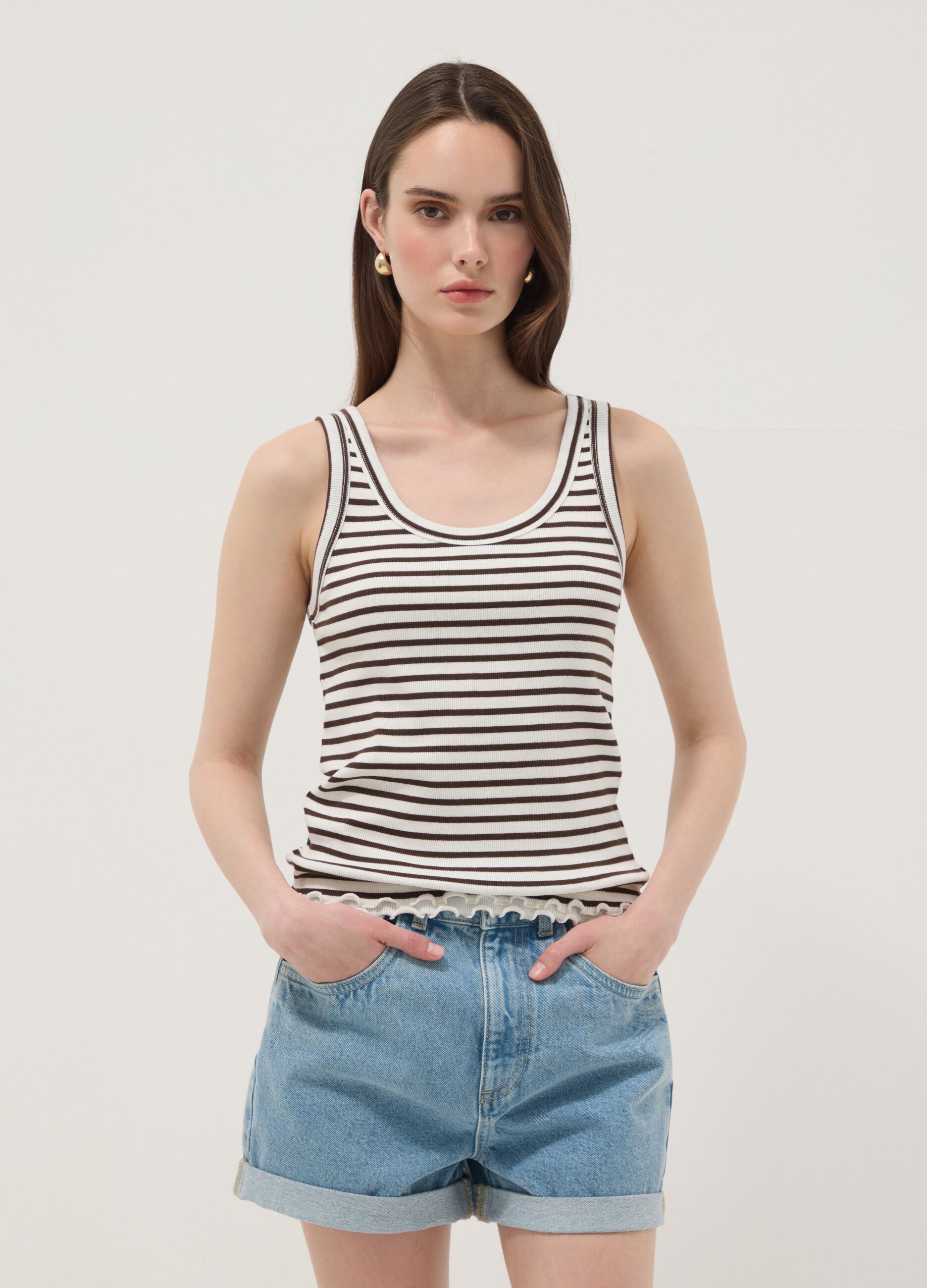 Brown striped pure cotton regular-fit tank top
