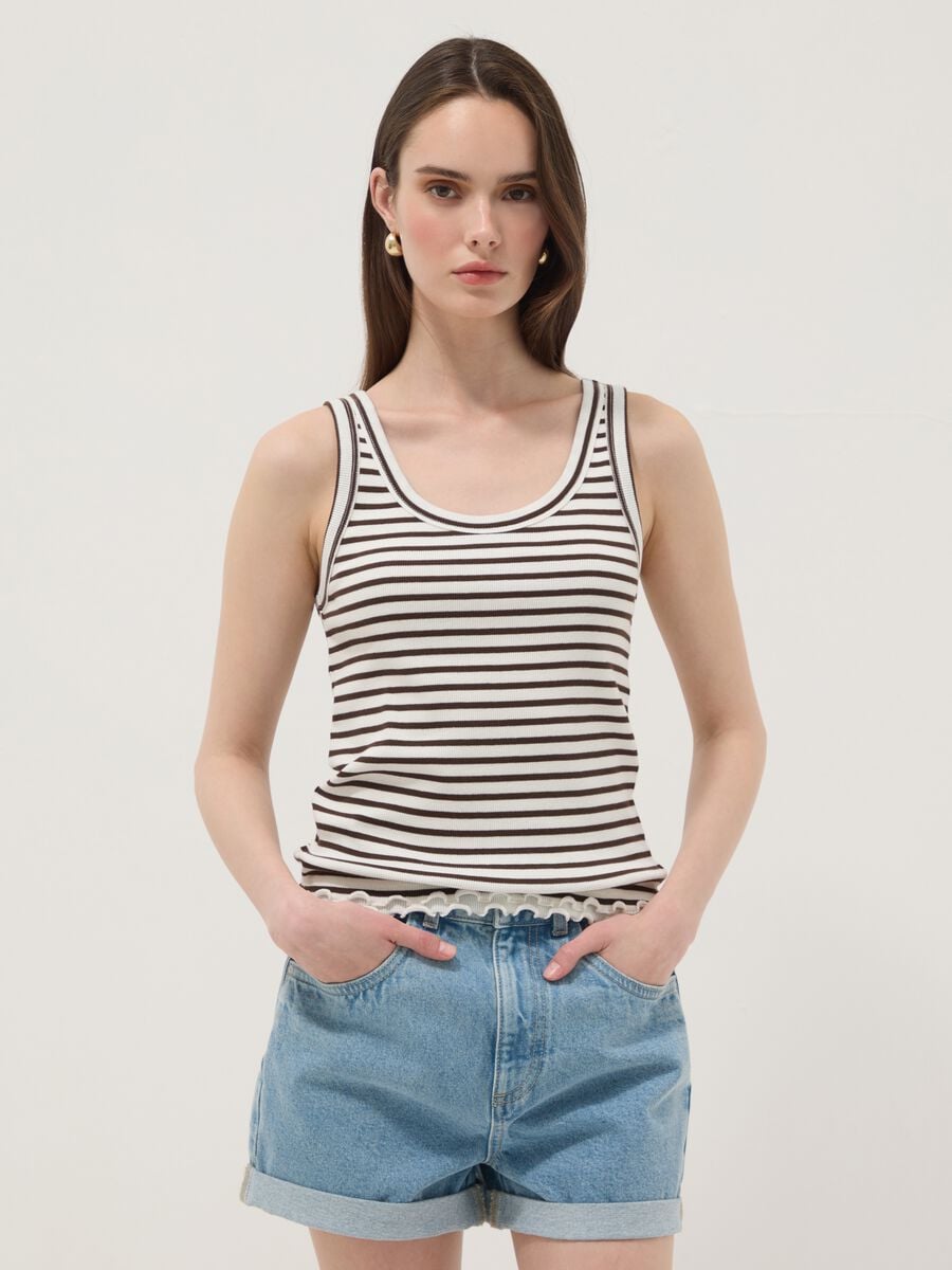 Brown striped pure cotton regular-fit tank top_0
