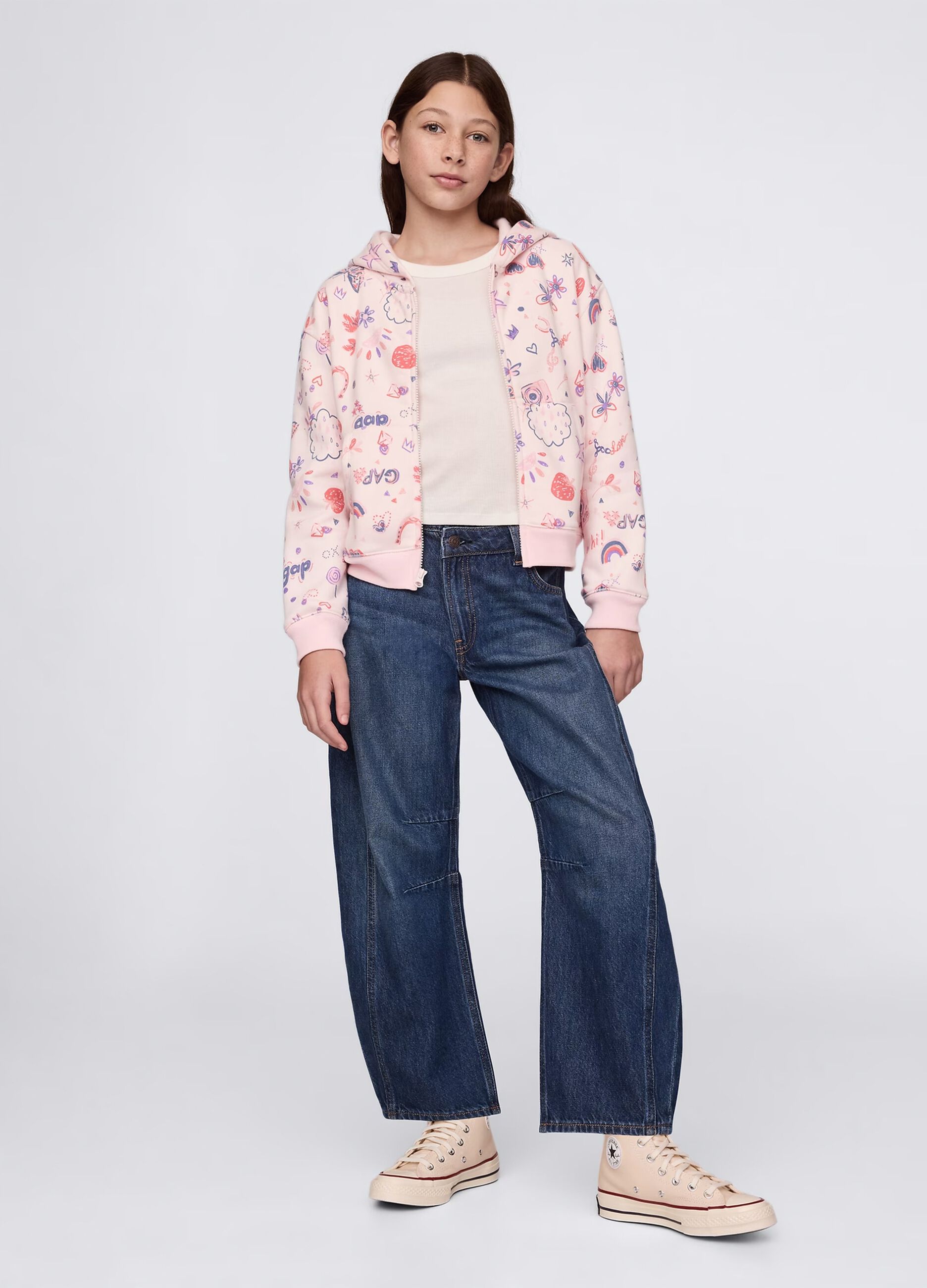 Pink full-zip sweatshirt with hood and all-over print