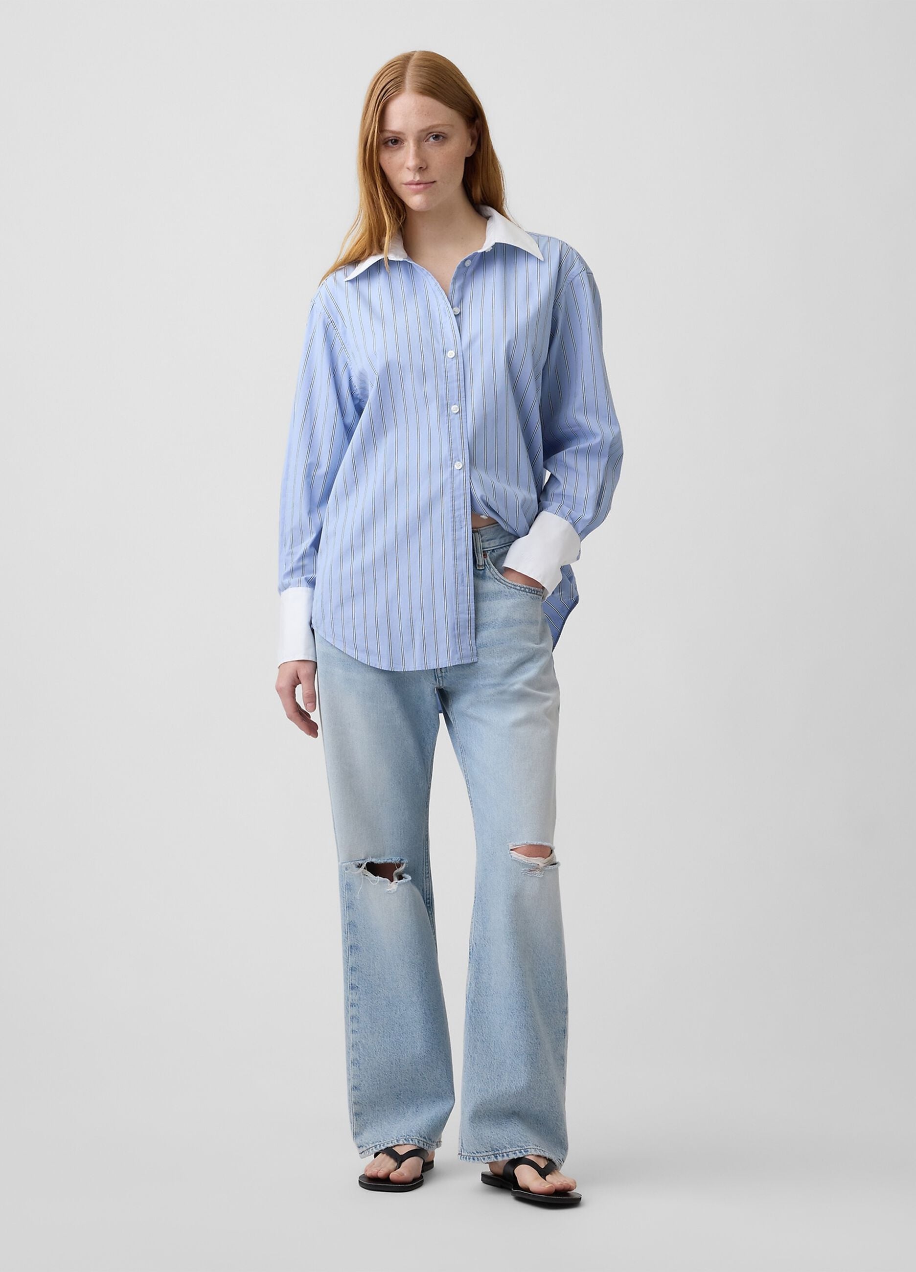 Light blue pure cotton striped shirt with contrast turn-up cuffs