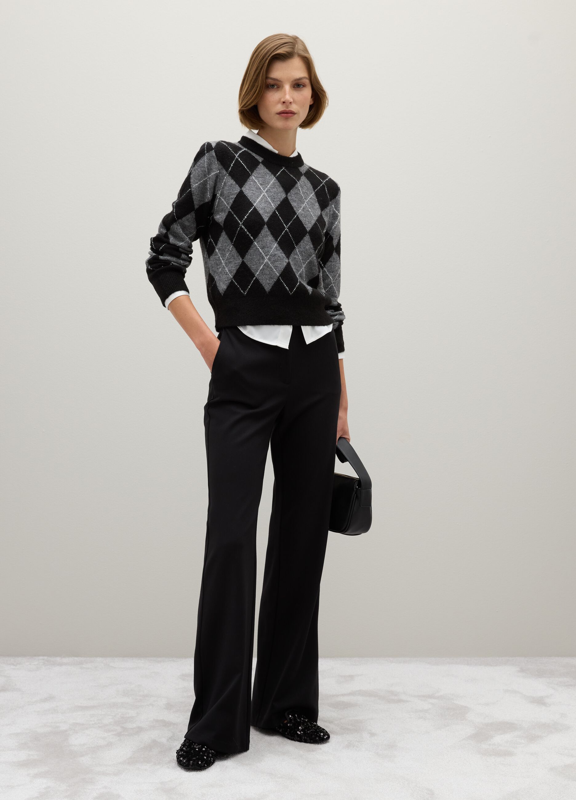 Grey sweater in stretch fabric with jacquard pattern