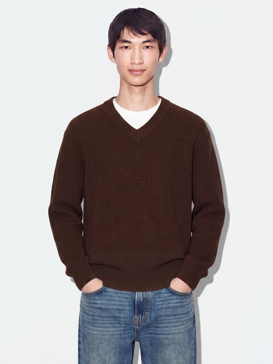 Brown pure cotton jumper with deep V-neck, regular fit_0
