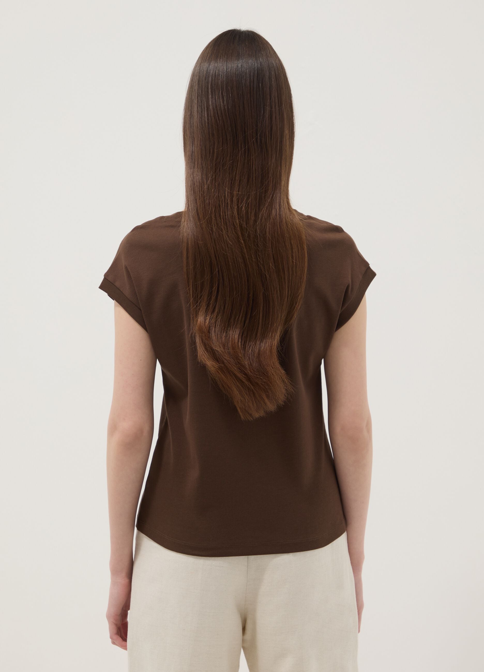 Brown pure cotton T-shirt with cut-out detailing