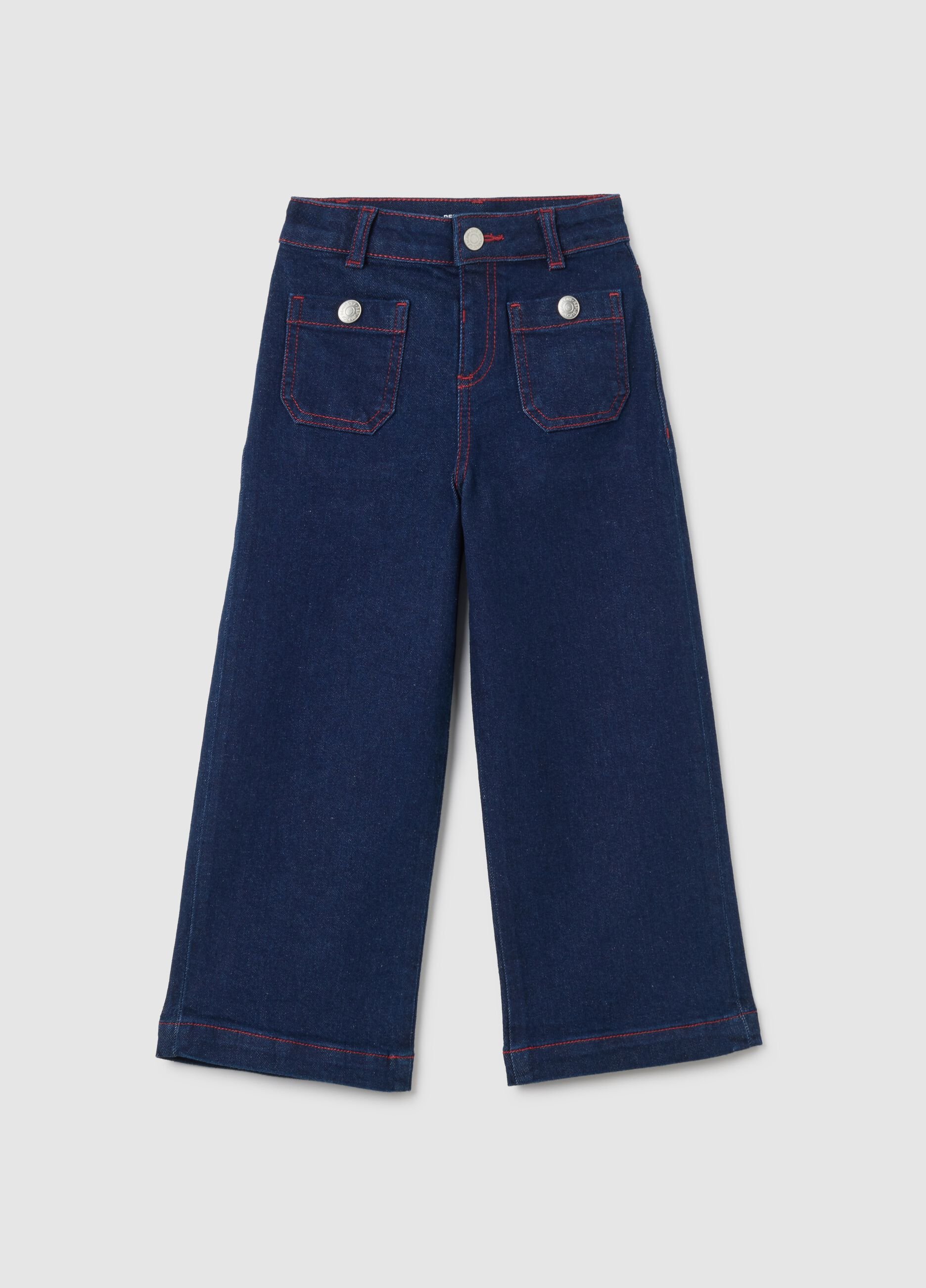 Girls' blue denim culotte pants with embroidery