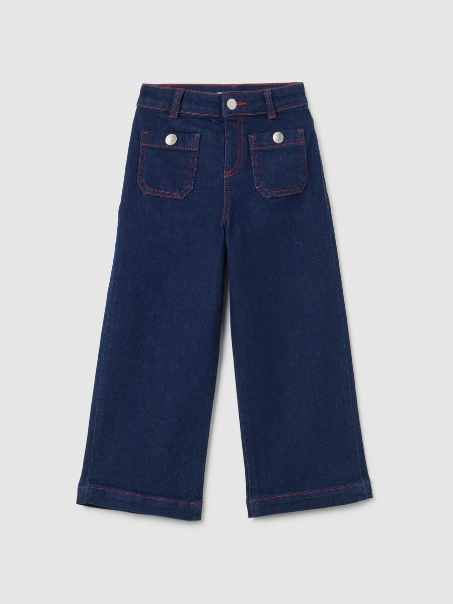 Girls' blue denim culotte pants with embroidery_0