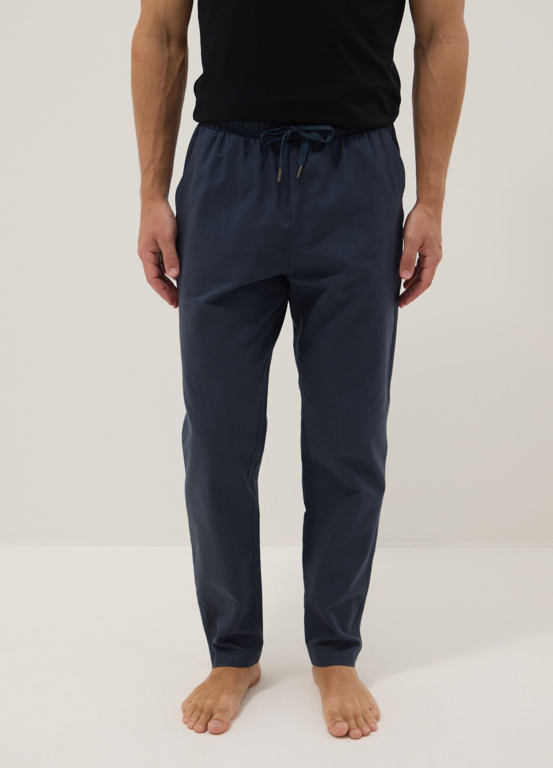 Green cotton-linen blend pyjama trousers, relaxed fit