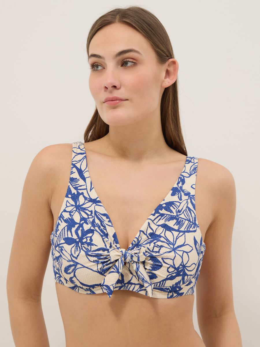 Top bikini blu in tessuto elasticizzato con stampa floreale_0