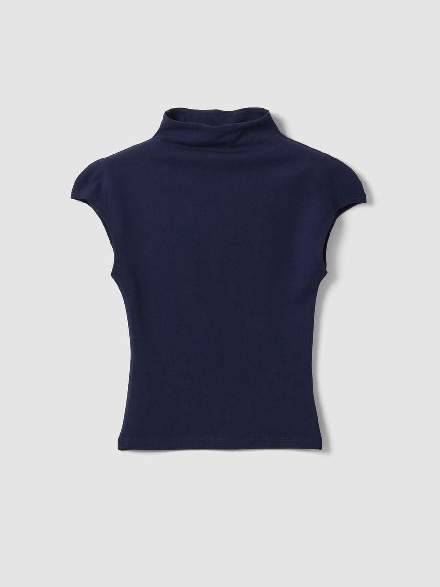 T-shirt blu in modal e cotone elasticizzato con collo rialzato fitted_0