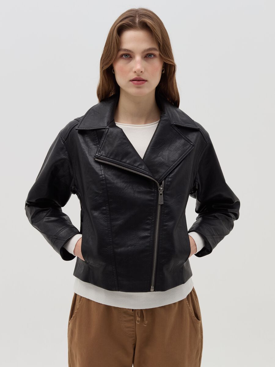 Textured-effect biker jacket_0