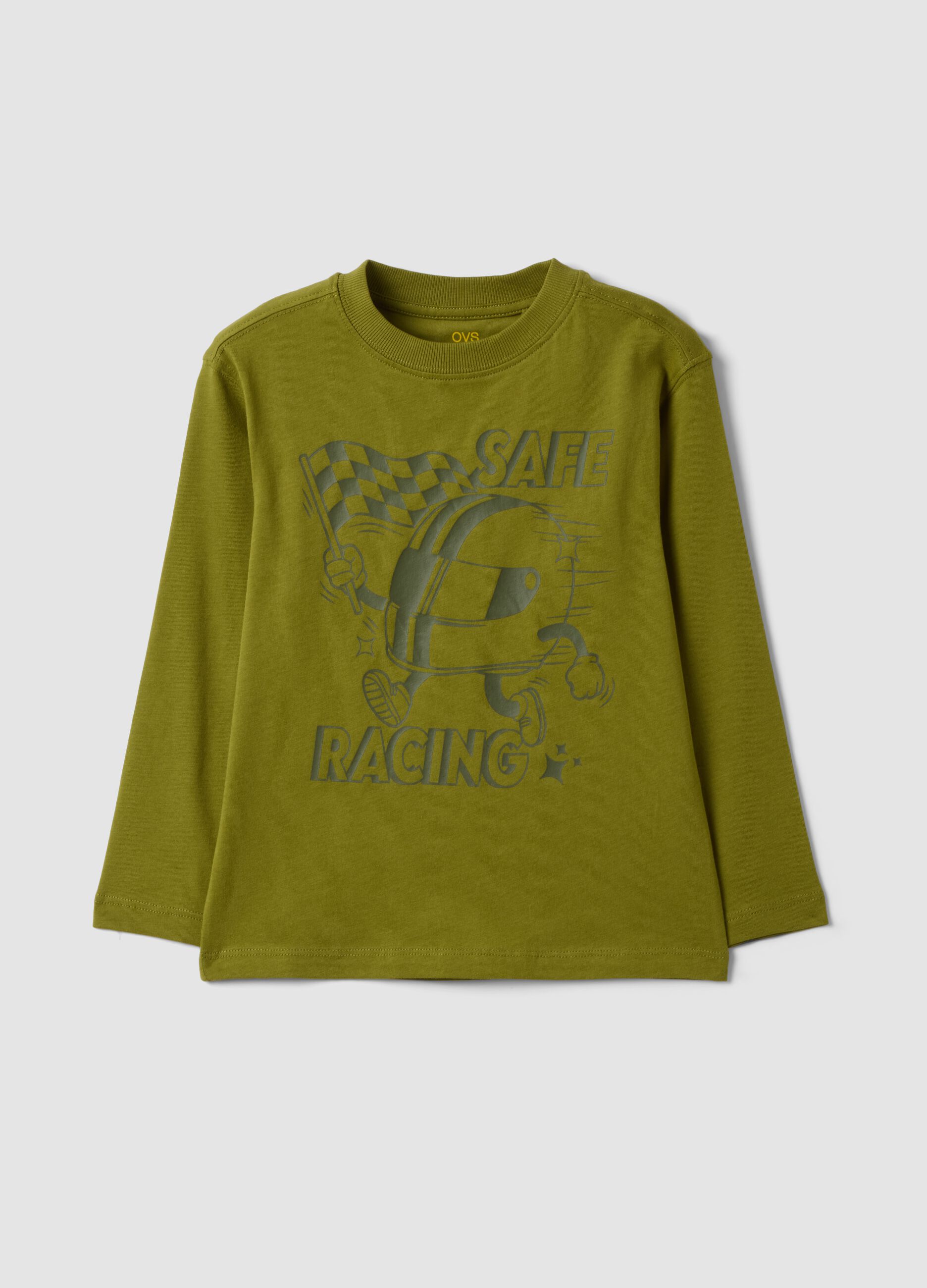 Green oversized T-shirt in pure organic cotton with racing print for boys