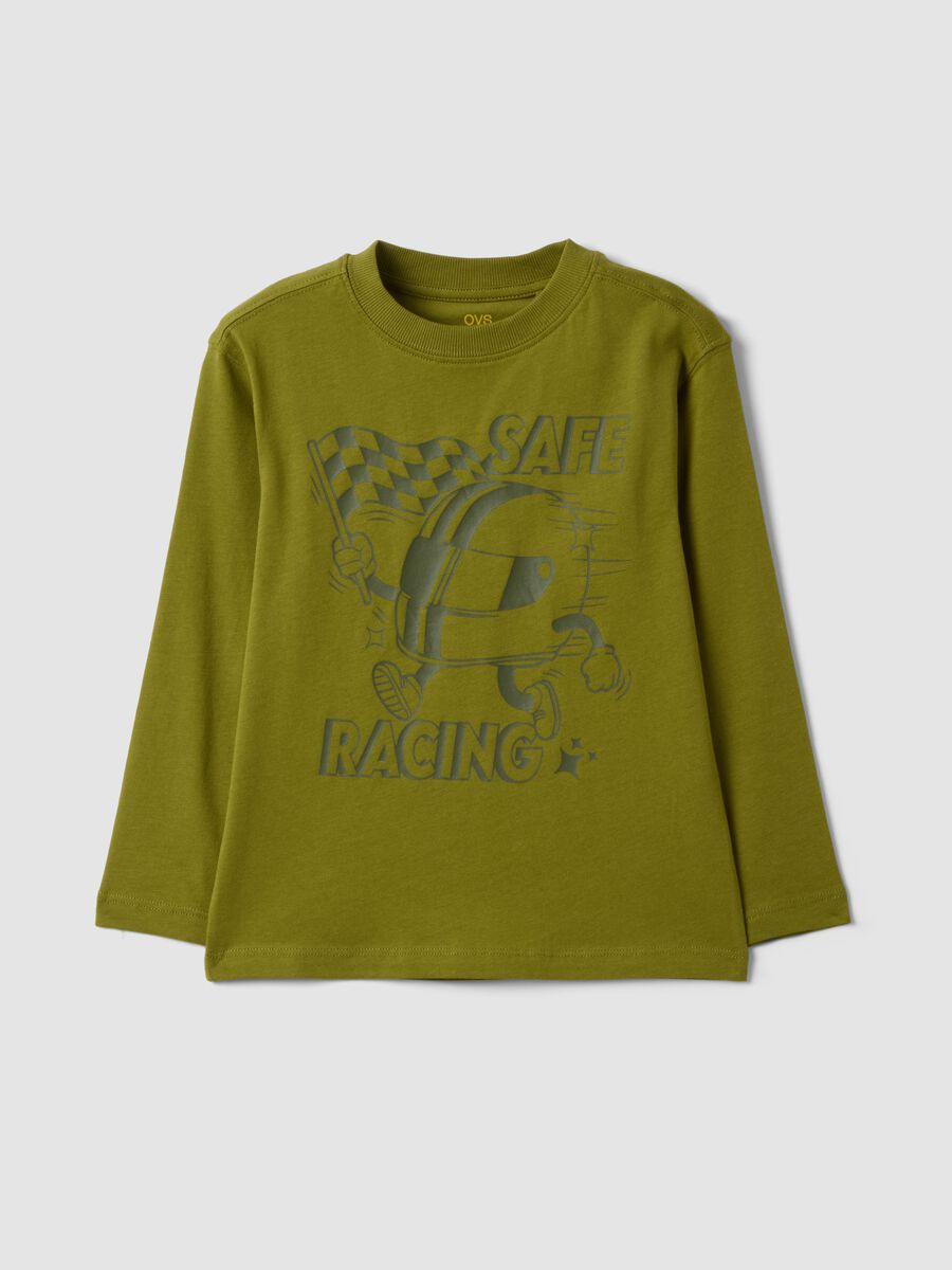 Green oversized T-shirt in pure organic cotton with racing print for boys_0