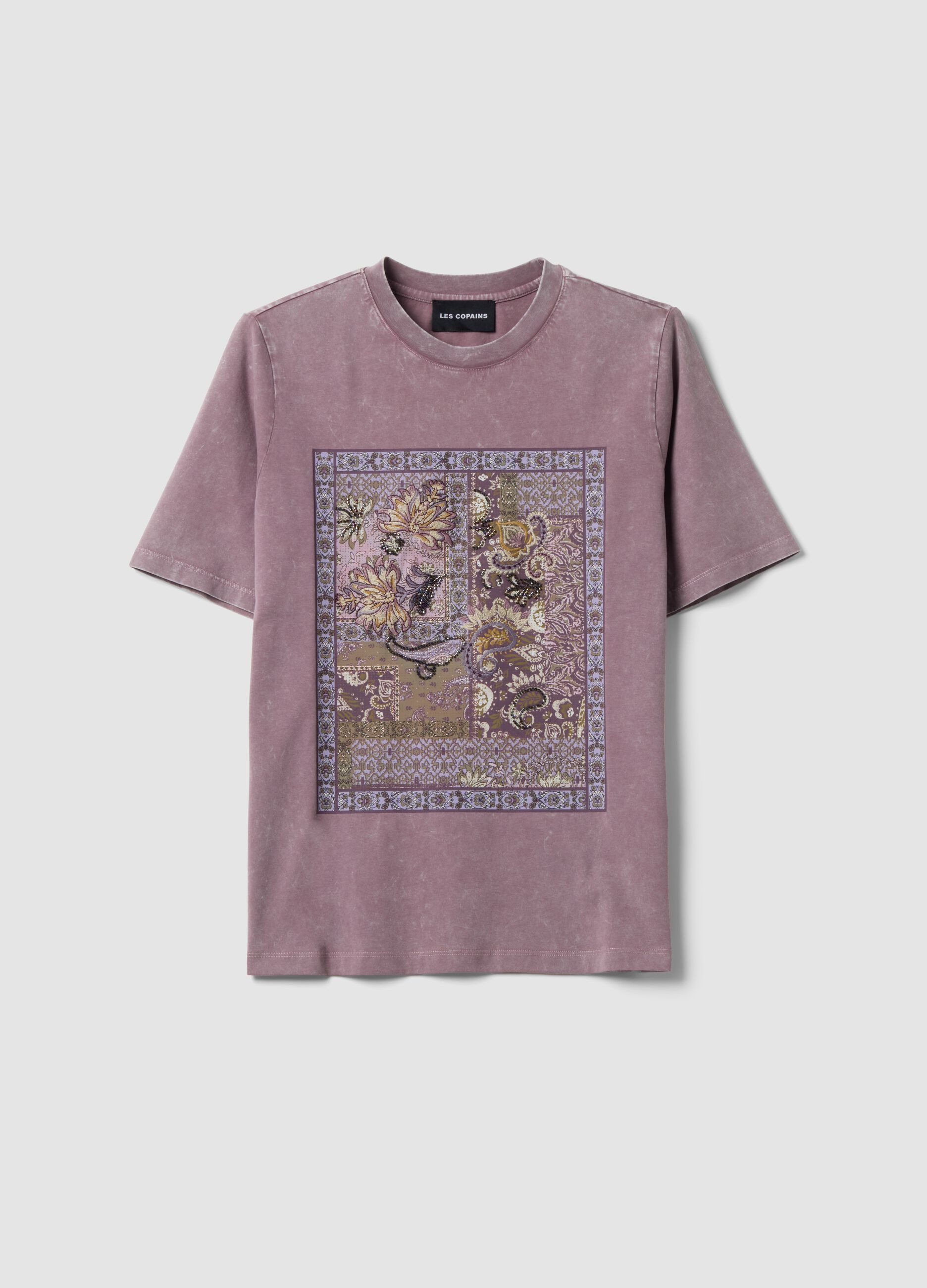 Purple pure cotton T-shirt with floral print, relaxed fit
