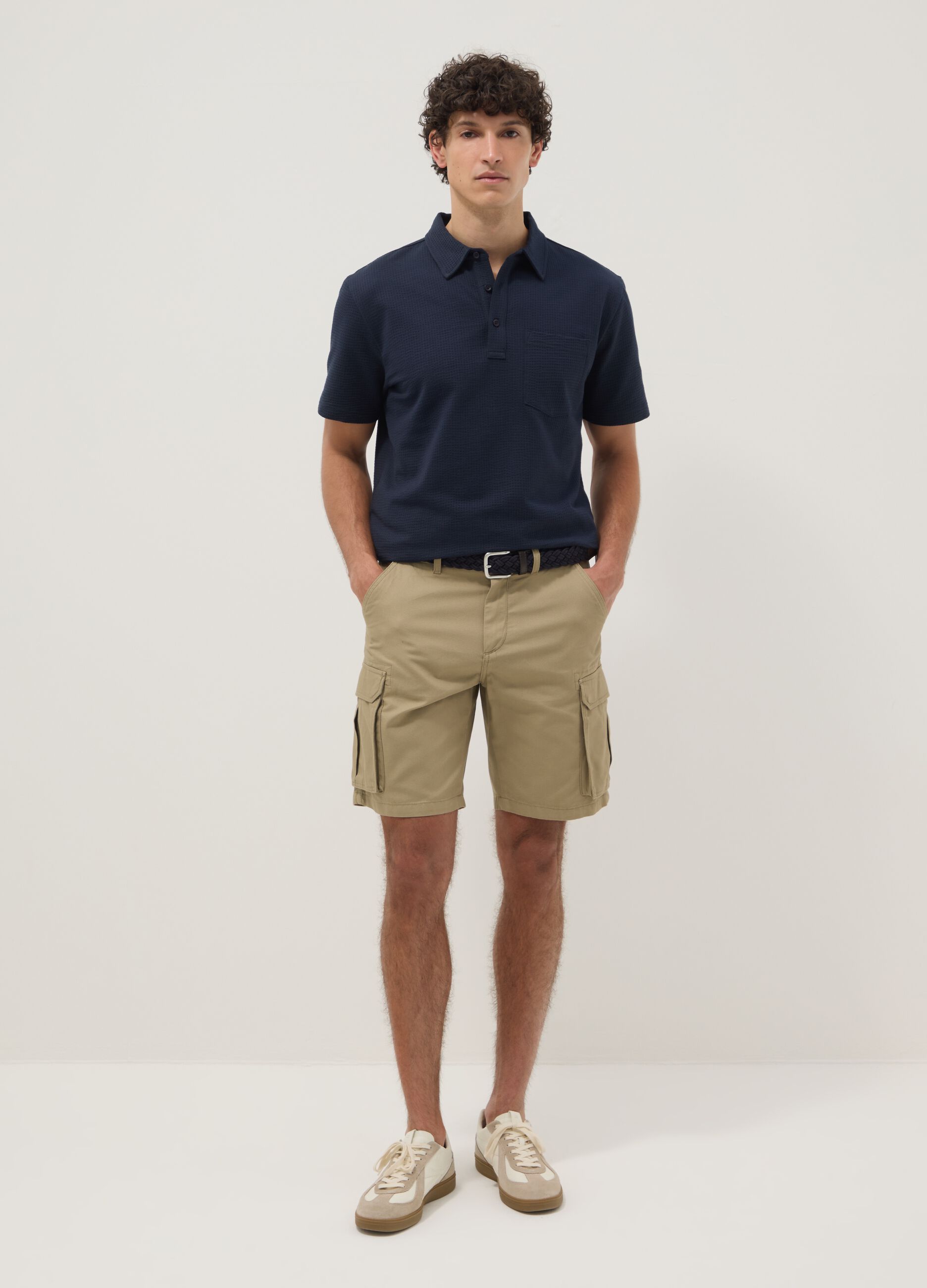 Beige pure cotton cargo shorts, regular fit
