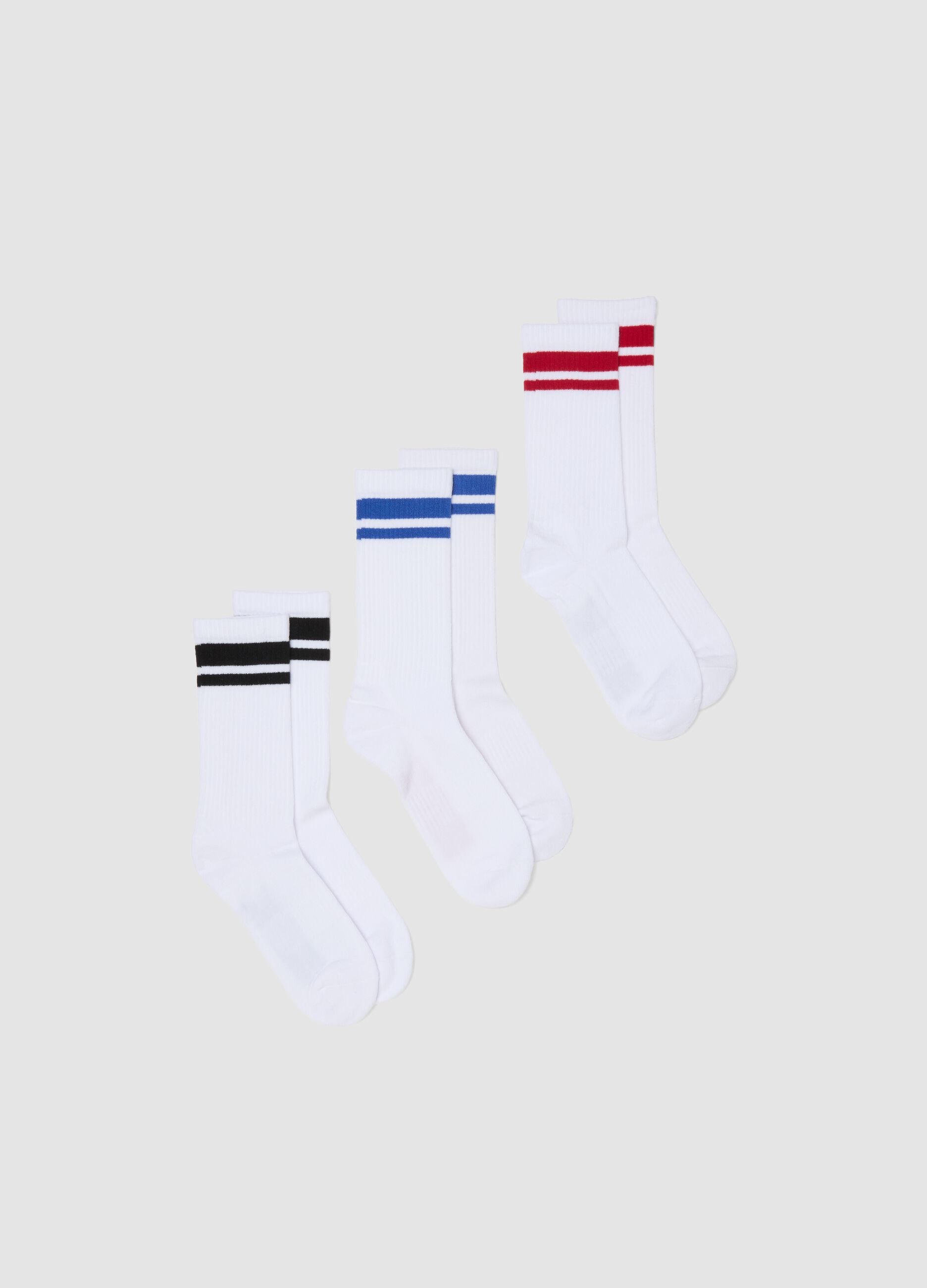 Three-pack of white sports socks with multicolour stripes in stretch cotton