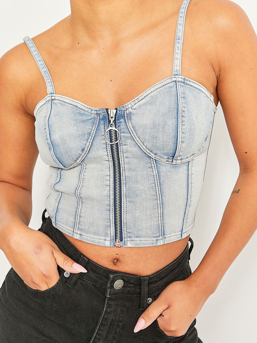 Crop corset top in denim with zip_1