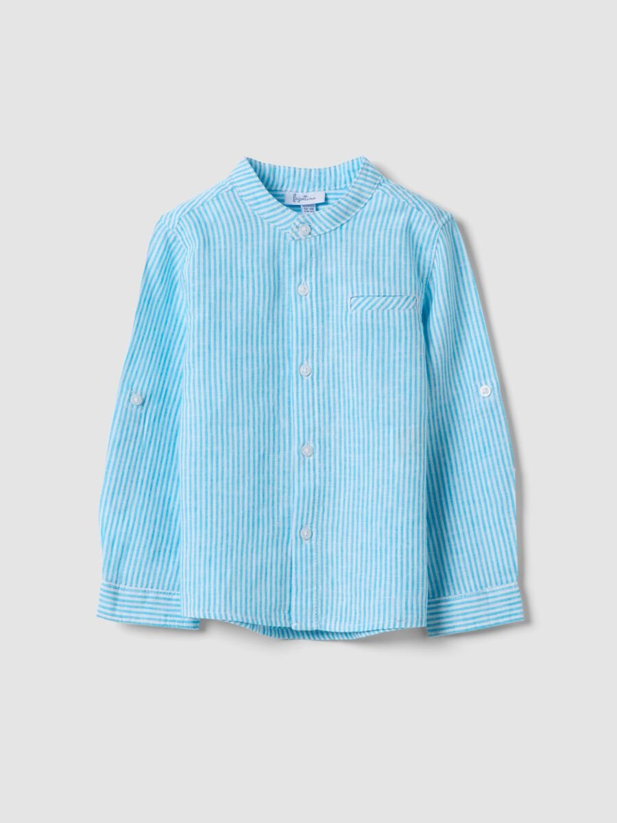 Boys' light blue striped linen-cotton blend shirt, regular fit_0