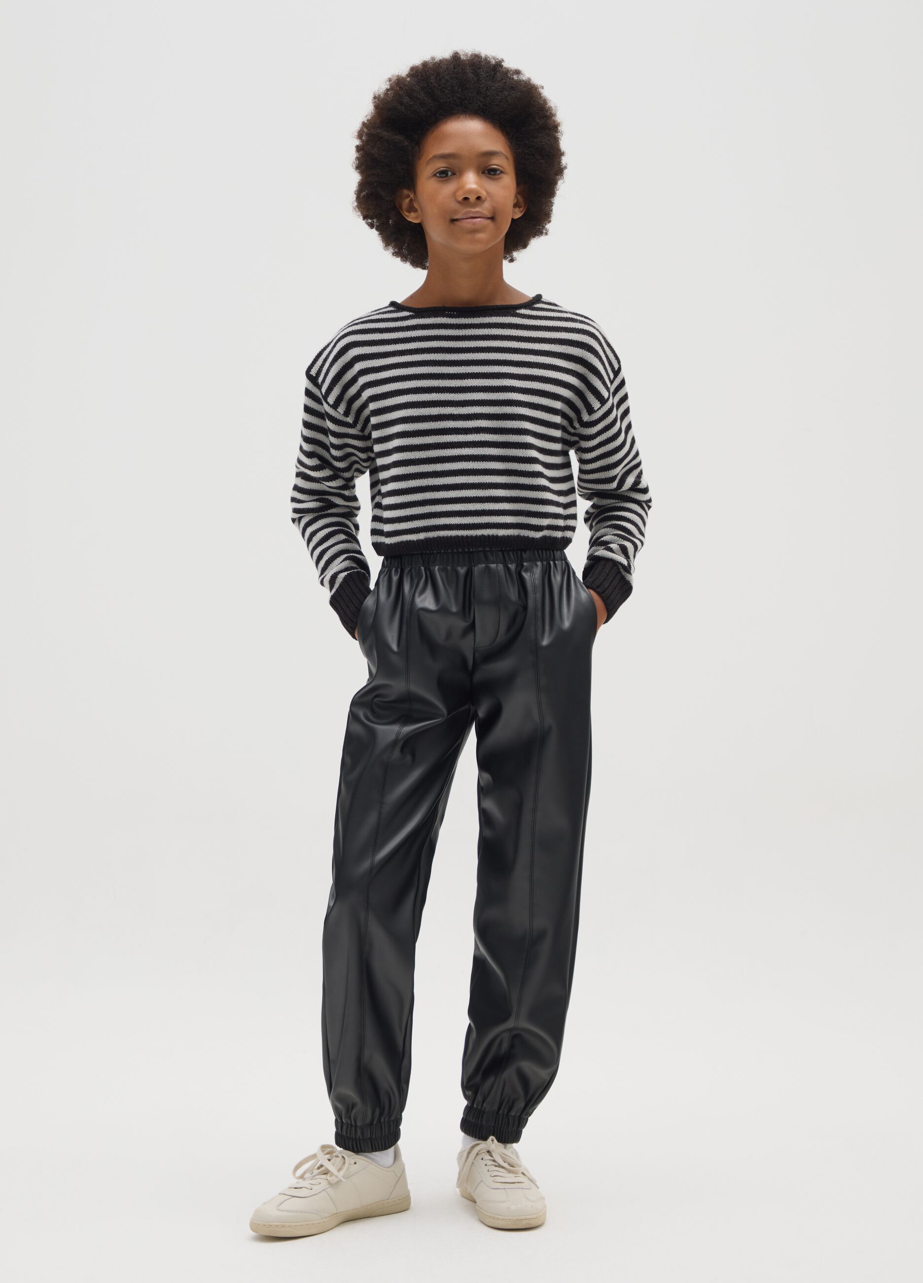 Black faux leather jogger trousers for girls
