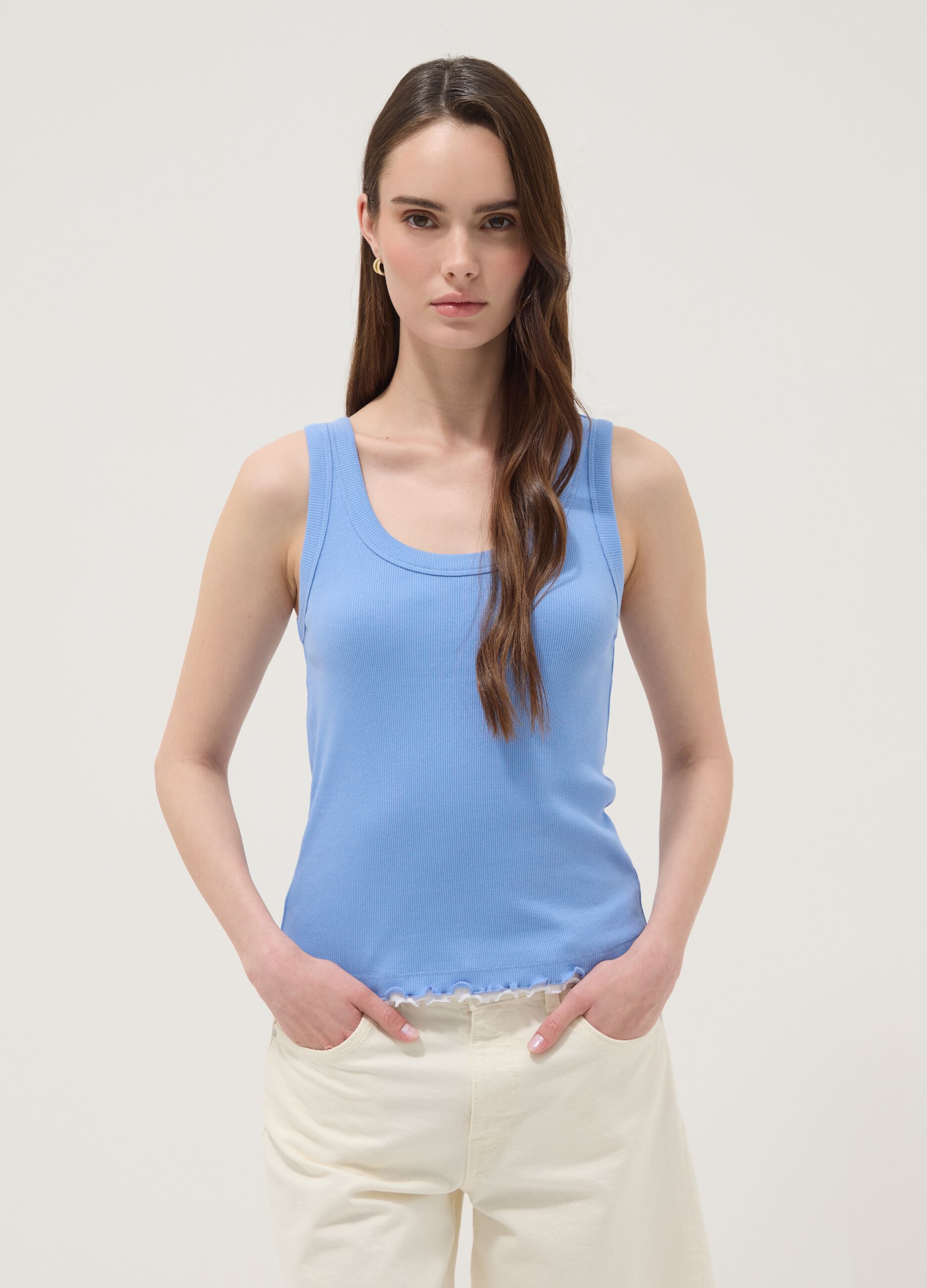 Light blue pure cotton ribbed regular-fit tank top