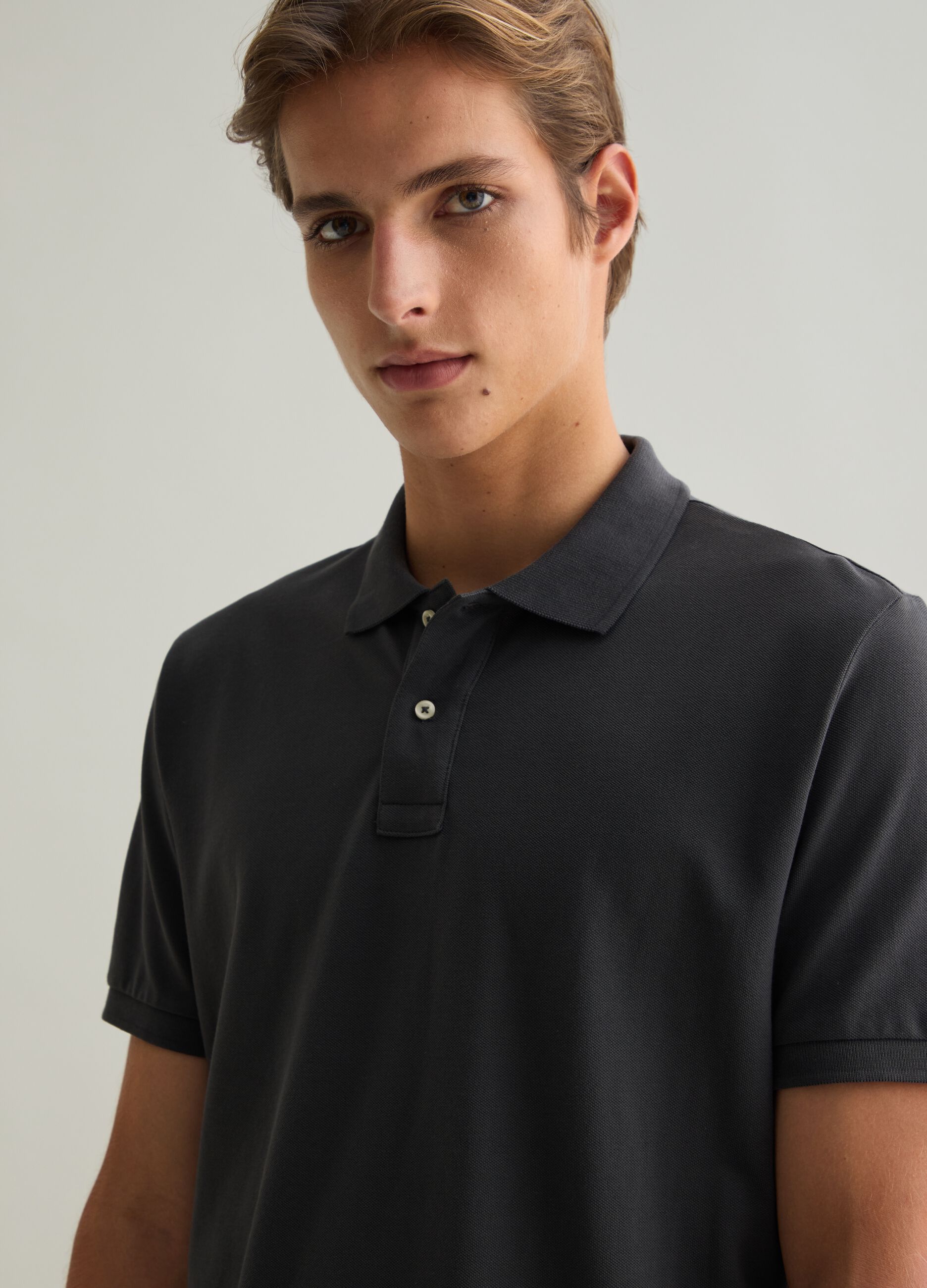 Short Sleeve Grey Polo in Cotton Piquet