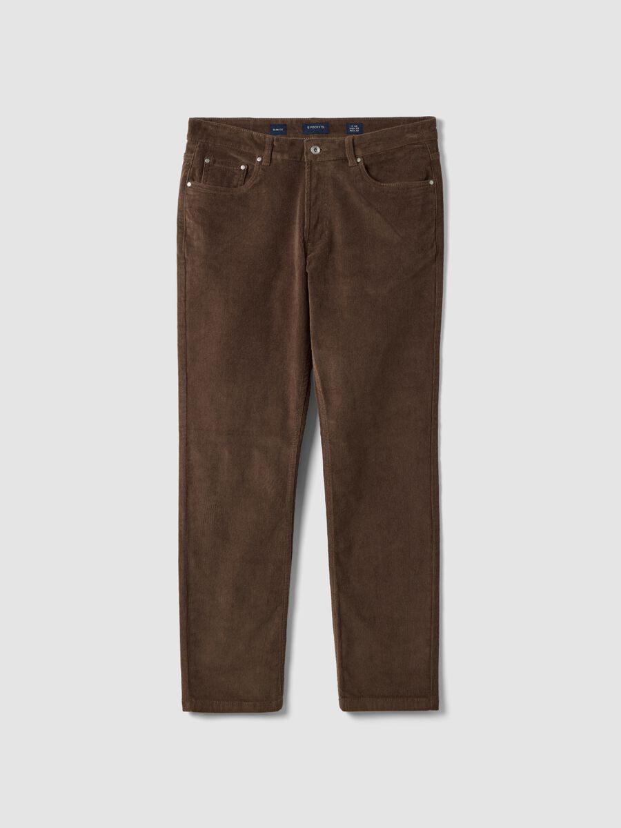 Brown slim-fit ribbed stretch cotton trousers_0