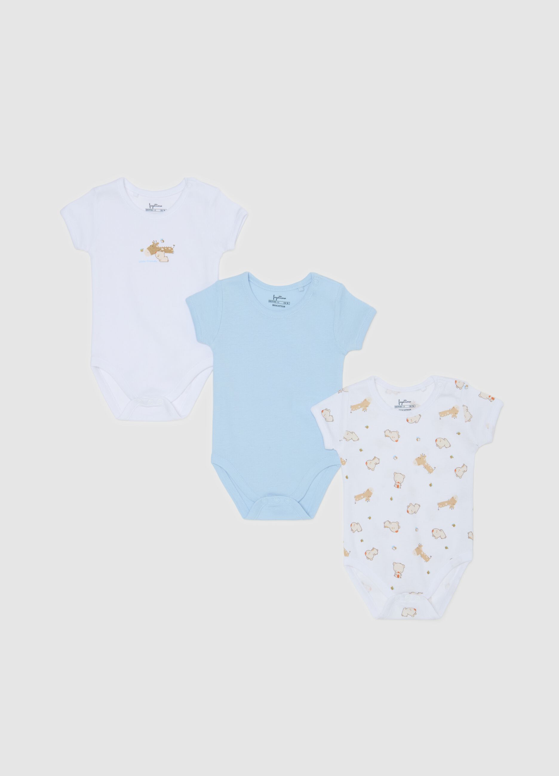 Three-pack organic cotton bodysuits with short sleeves
