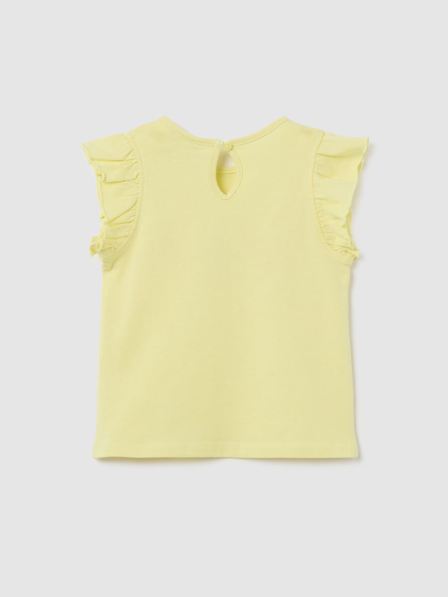Yellow tank top in cotton with print and flounce_1