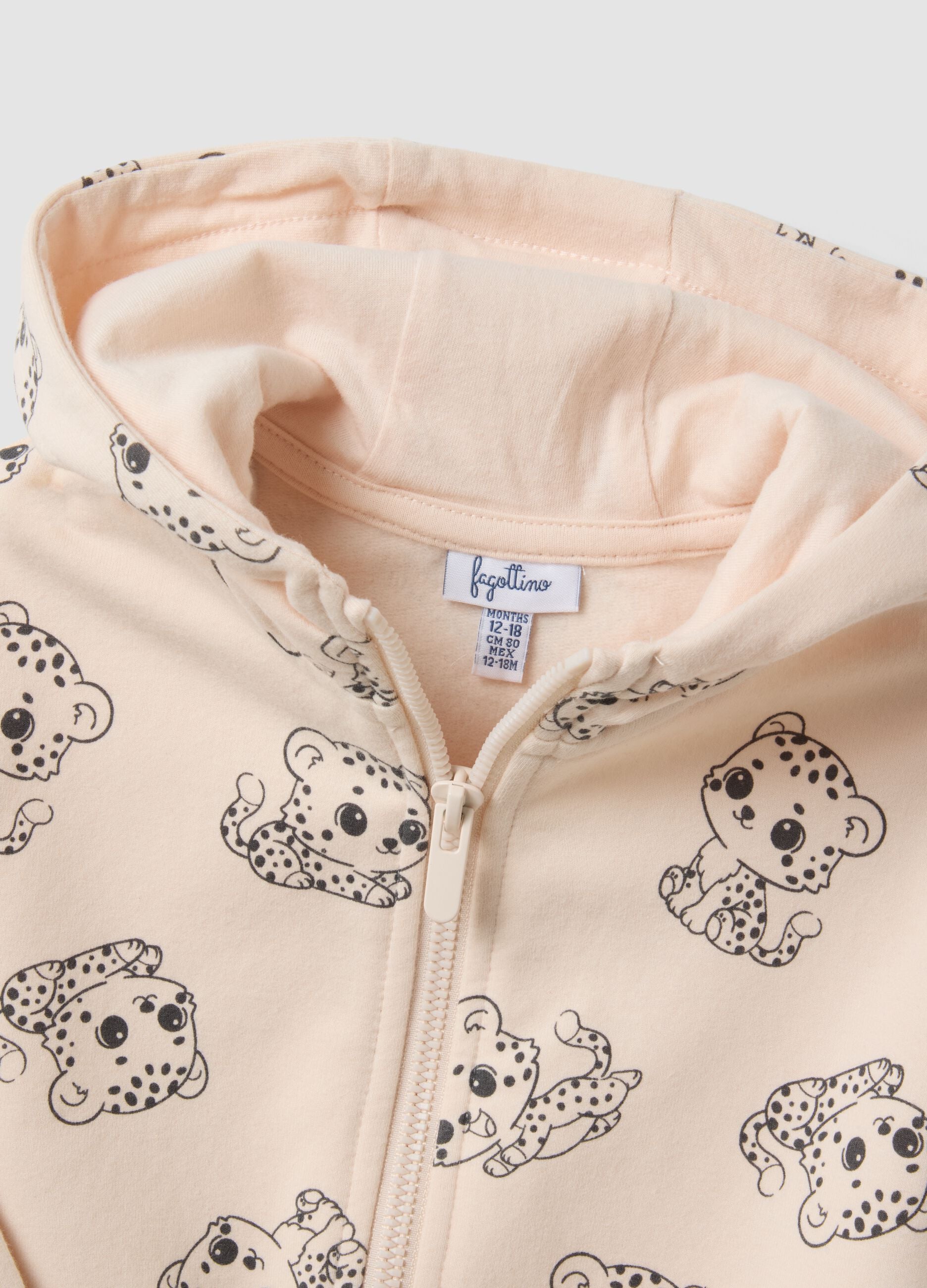 Felpa rosa con cappuccio in cotone elasticizzato con zip e stampa all over per bimba