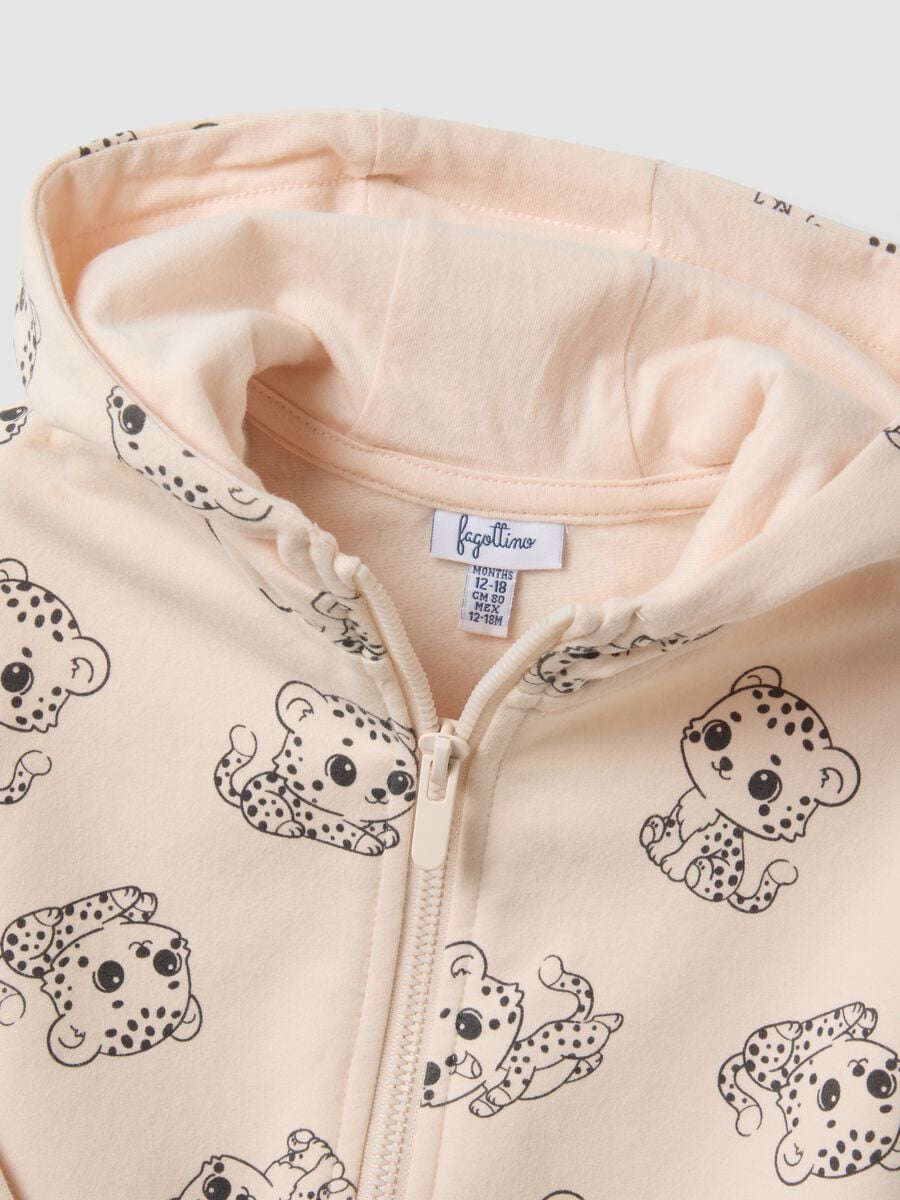Felpa rosa con cappuccio in cotone elasticizzato con zip e stampa all over per bimba_2
