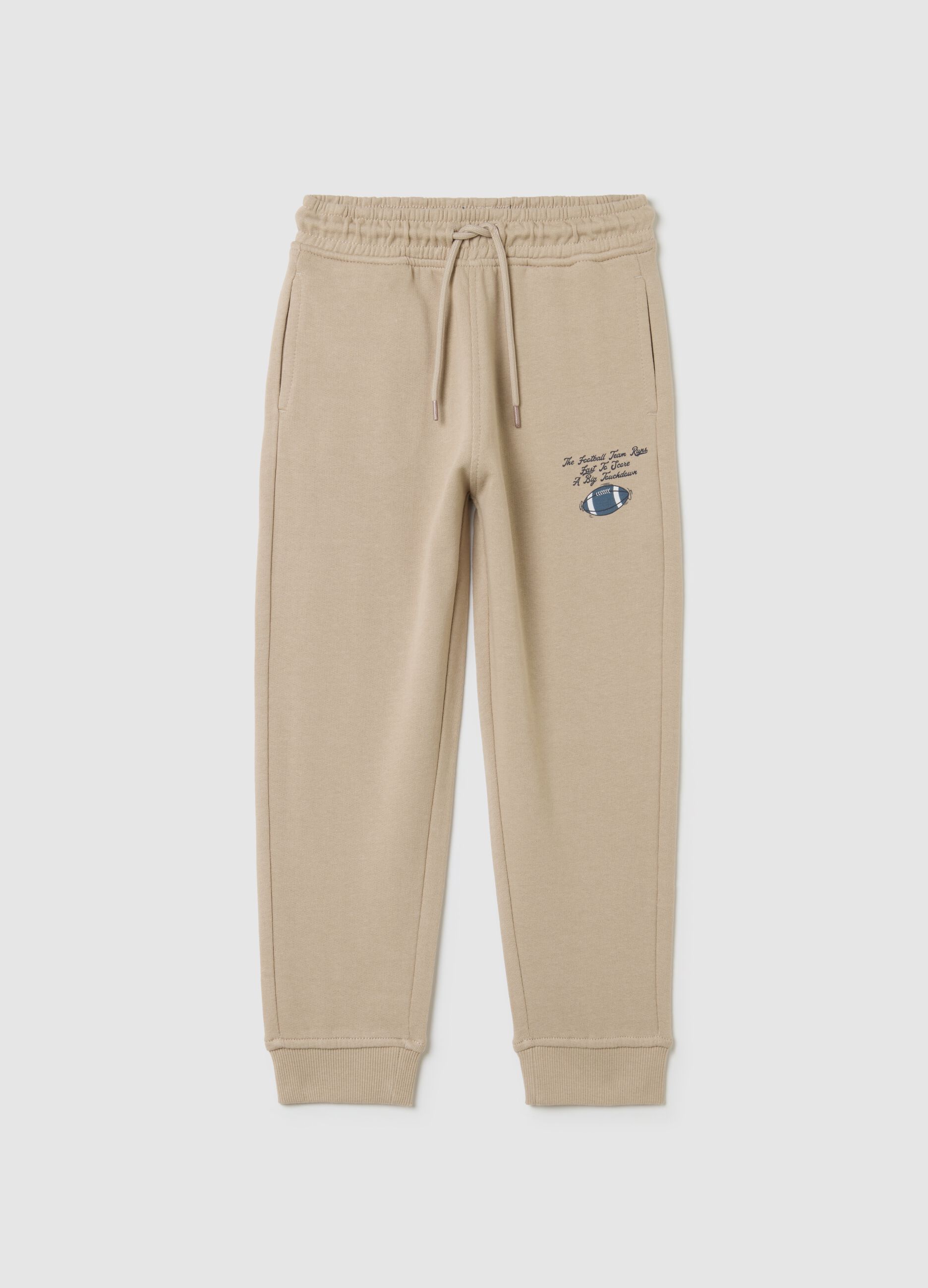 Children's trousers in pure beige cotton regular fit with print