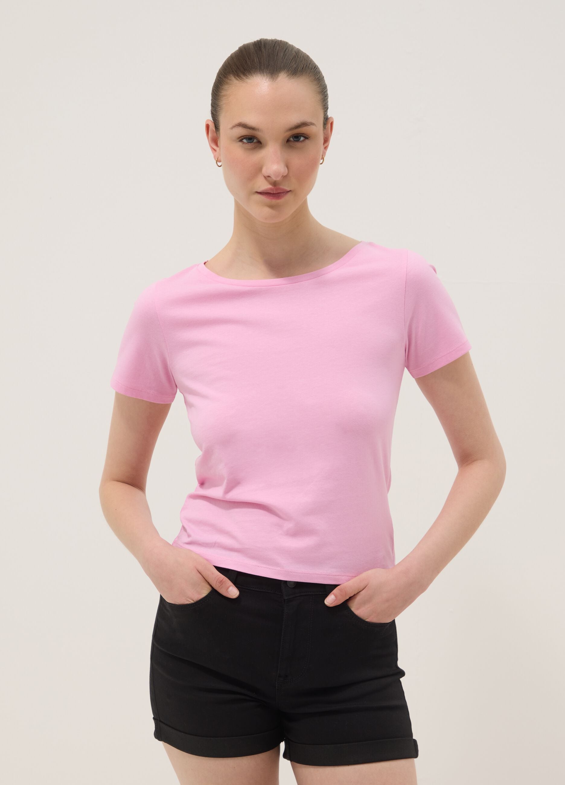 Pink pure cotton T-shirt with crew neck