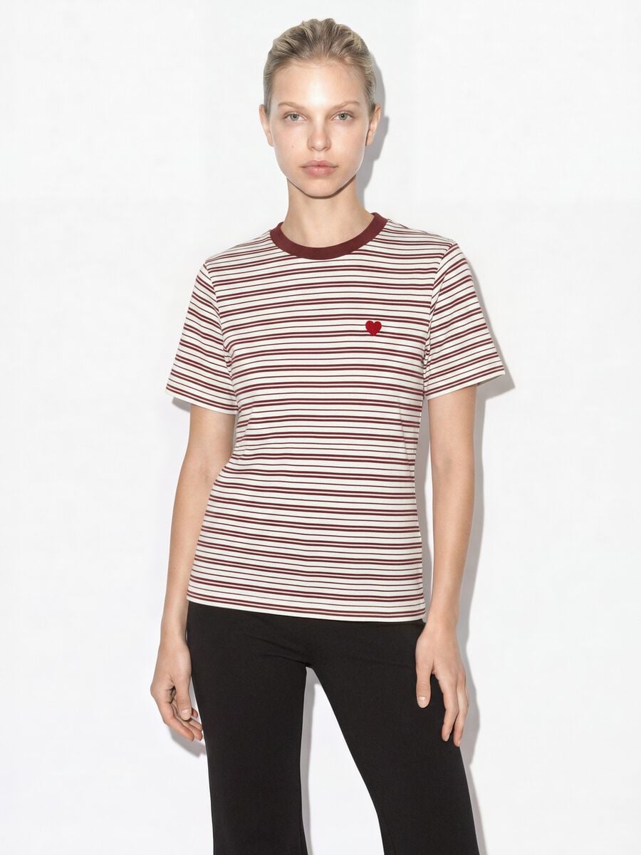 Multicolour relaxed-fit striped pure cotton T-shirt with chest embroidery_0