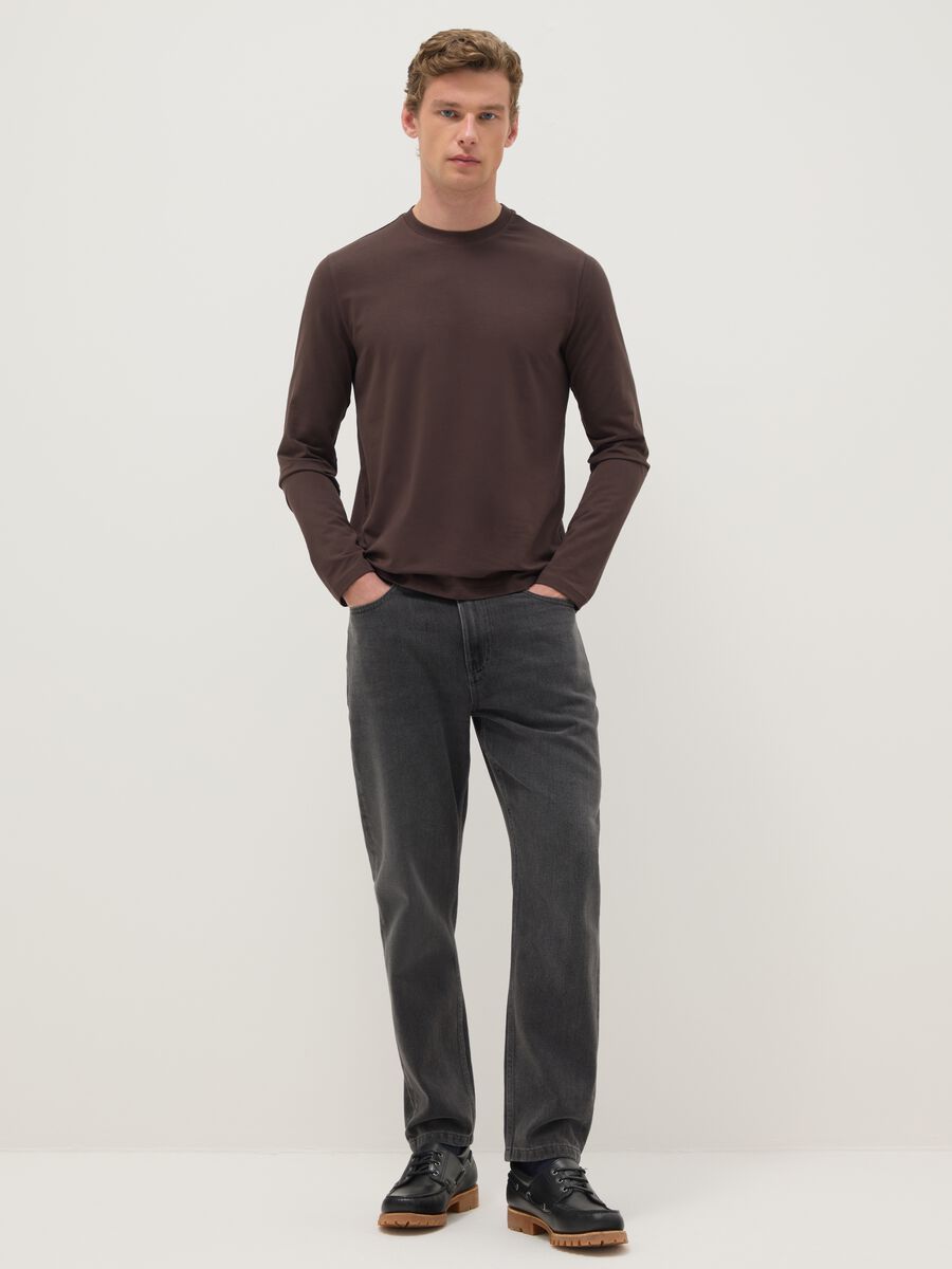 Regular fit stretchy cotton long sleeve brown t-shirt_1