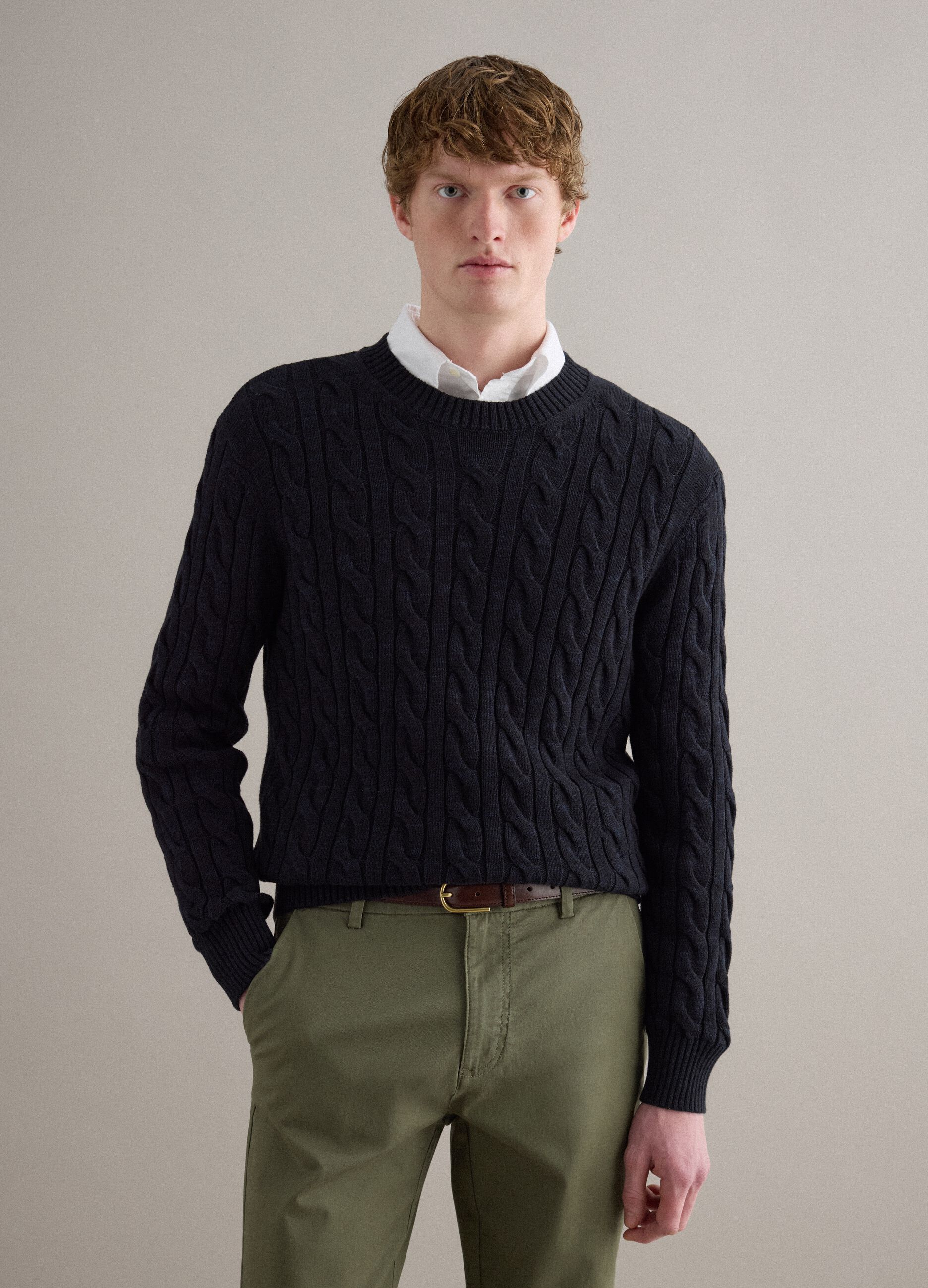 Blue pure cotton sweater with regular fit and woven design