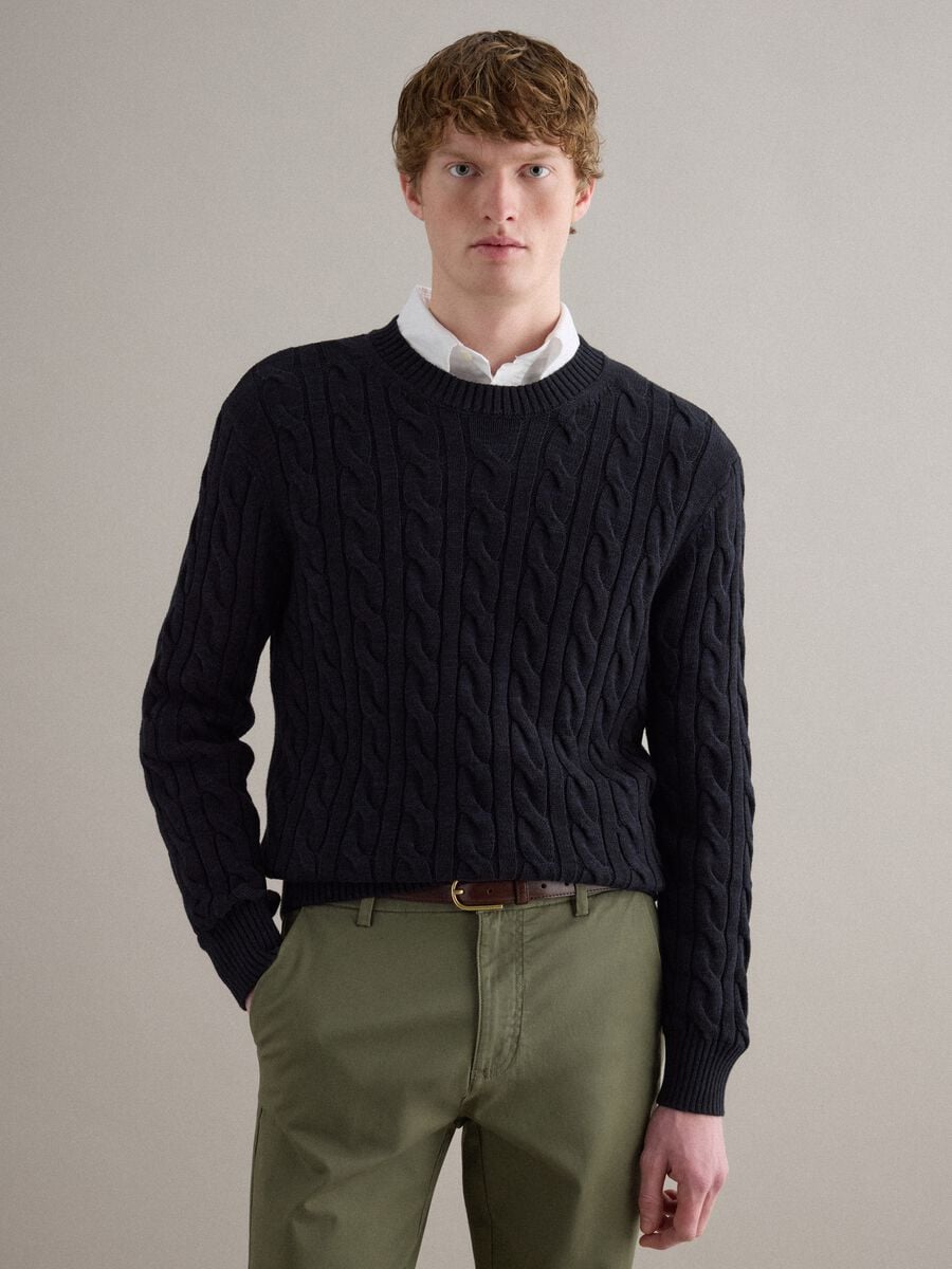 Maglione in puro cotone blu regular fit con design intrecciato_1