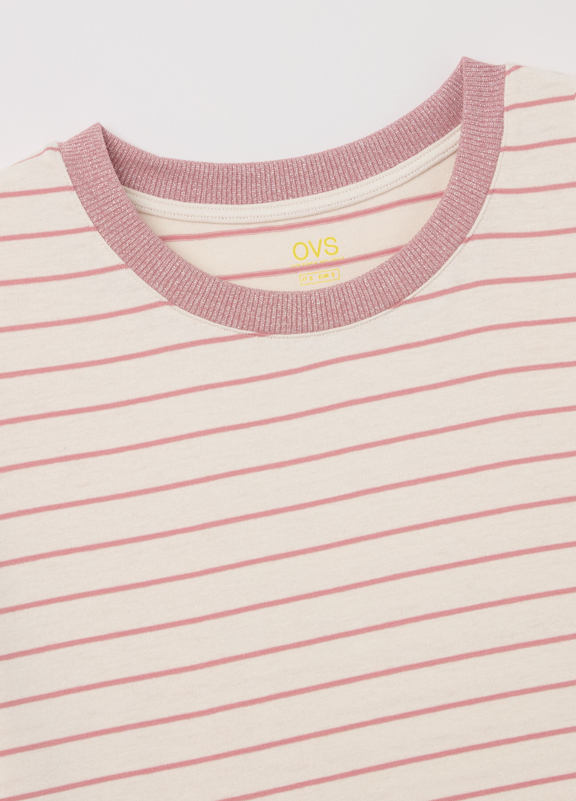 Pink and beige striped T-shirt with short sleeves